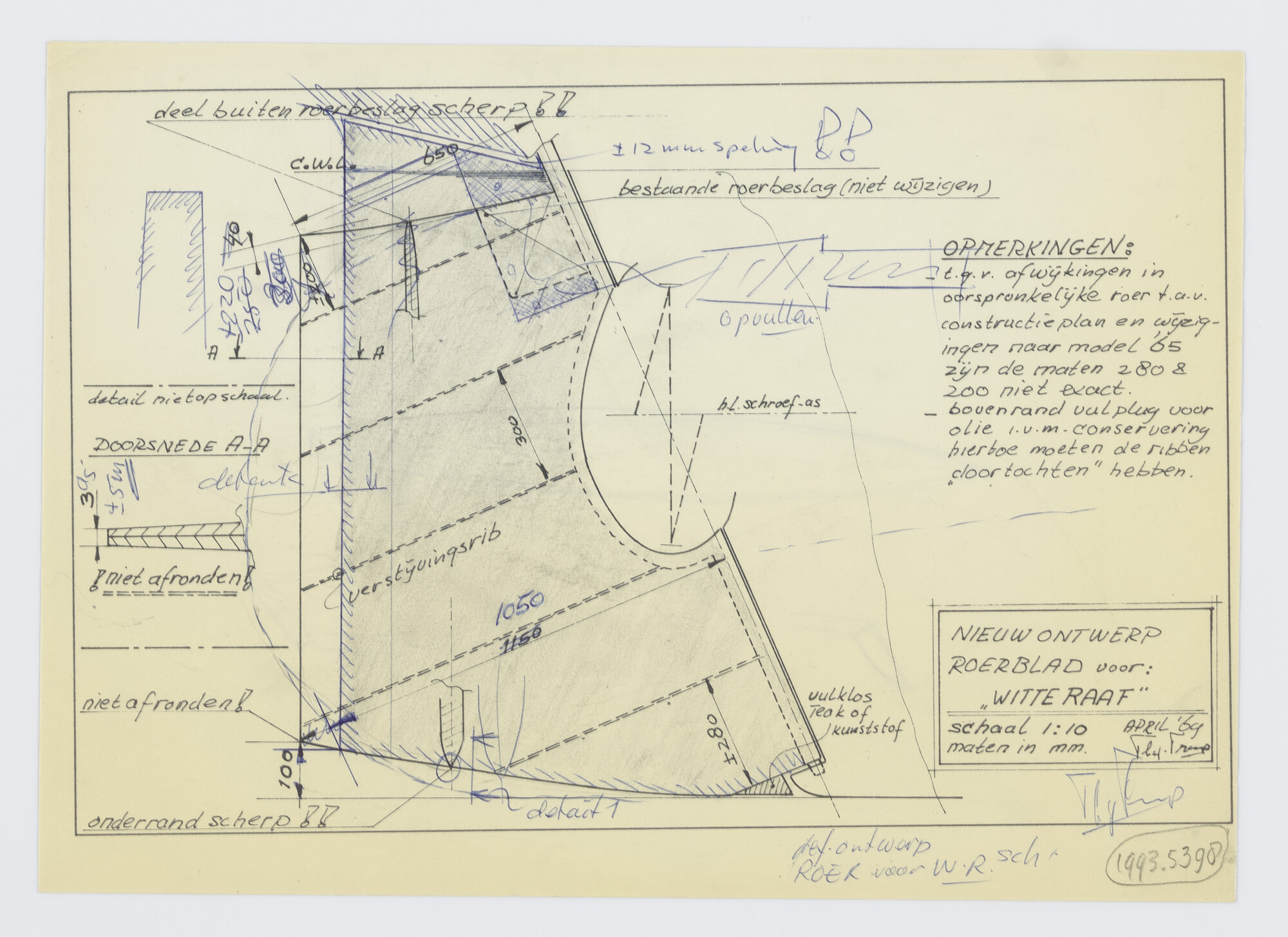 1993.5398; Nieuwe roerbladvorm zeiljacht 'Witte Raaf'; technische tekening