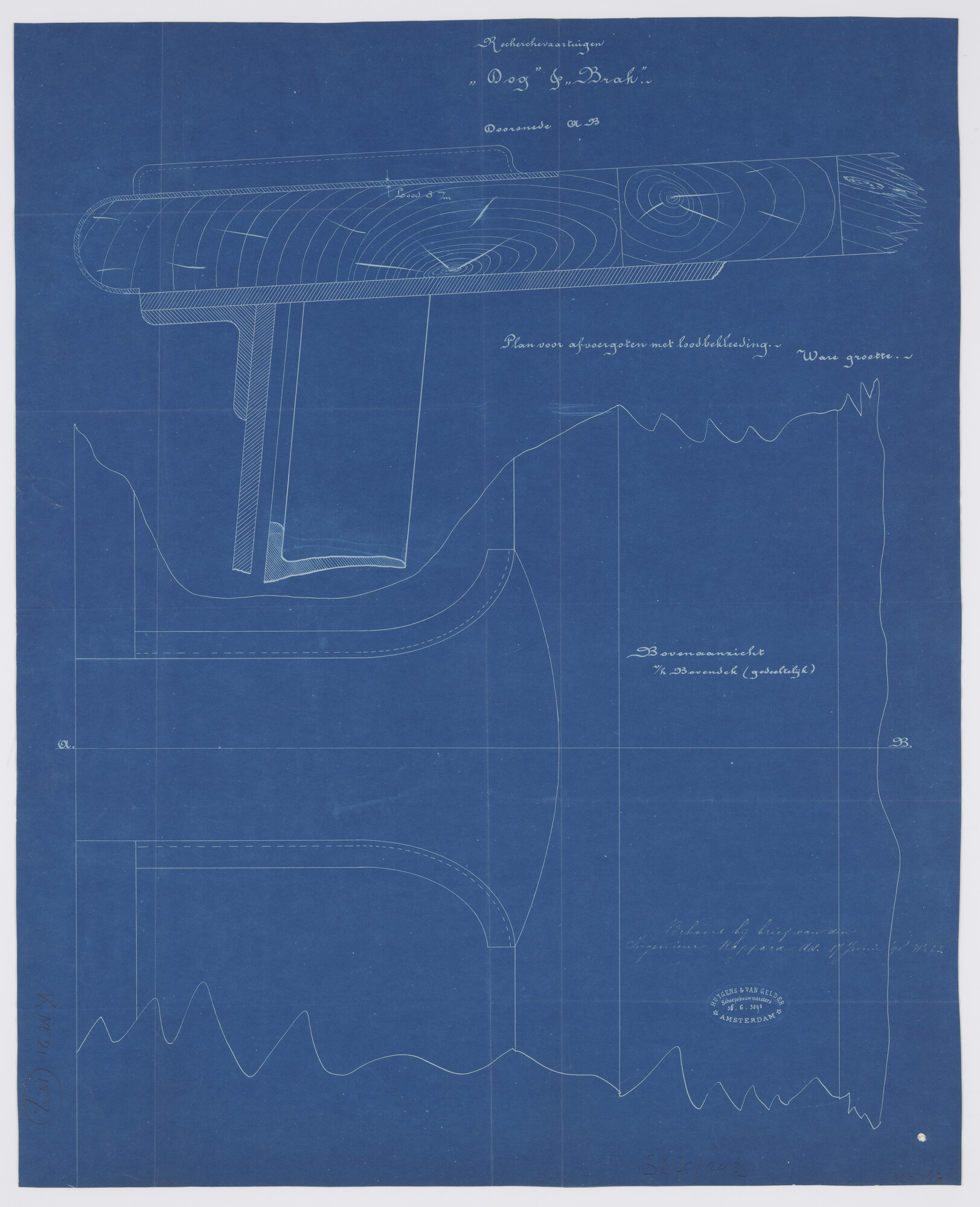 S.2175(2913); Doorsneden van de stoomschepen voor de gouvernementsmarine Hr.Ms. Dog en Hr.Ms. Brak; technische tekening