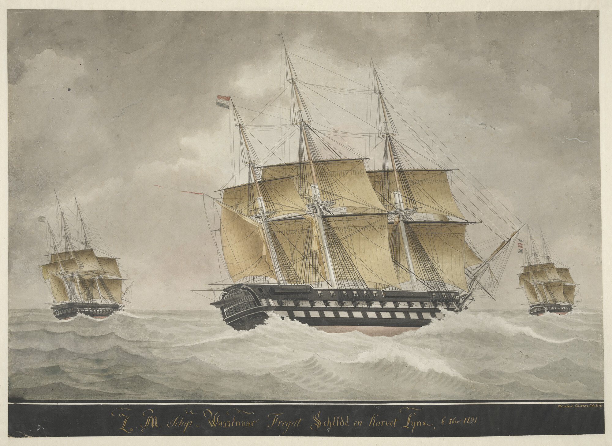 A.1197(02); Het linieschip Zr.Ms. Wassenaar en het fregat Zr.Ms. Schelde en het korvet Zr.Ms. Lynx; tekening