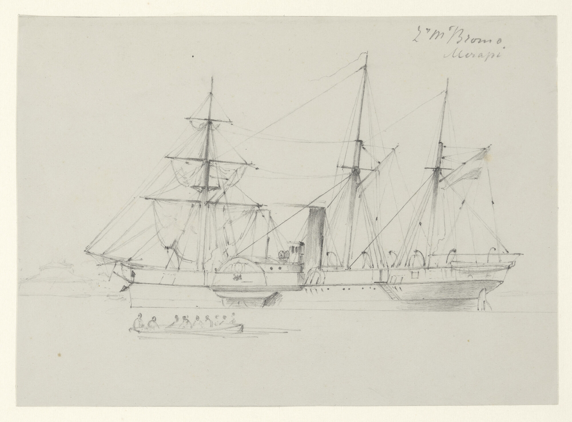 A.1361(20) [nr 0002]; Het raderstoomschip Zr.Ms. 'Bromo' ter rede van Merapi; tekening