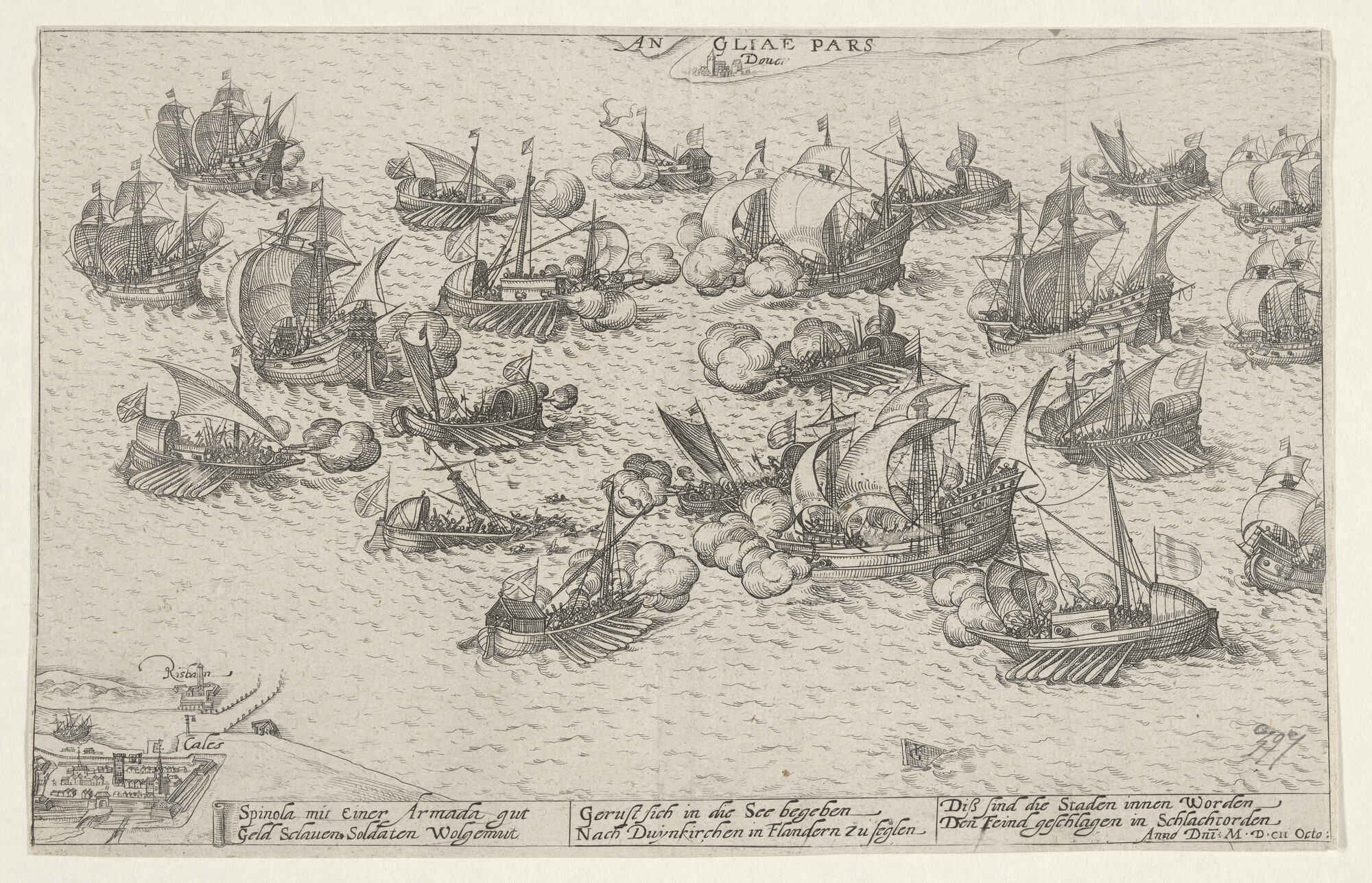 A.0145(027)387; Vernieling van zes Spaanse galeien in het Nauw van Calais; prent