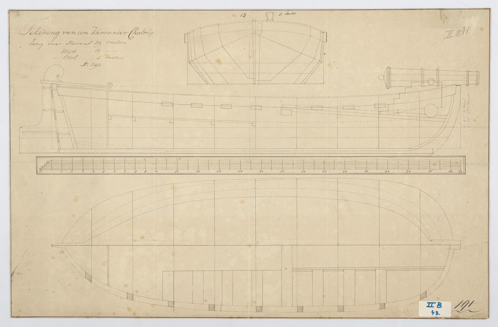S.1214(0082); Algemeen plan van een kanonneersloep; technische tekening