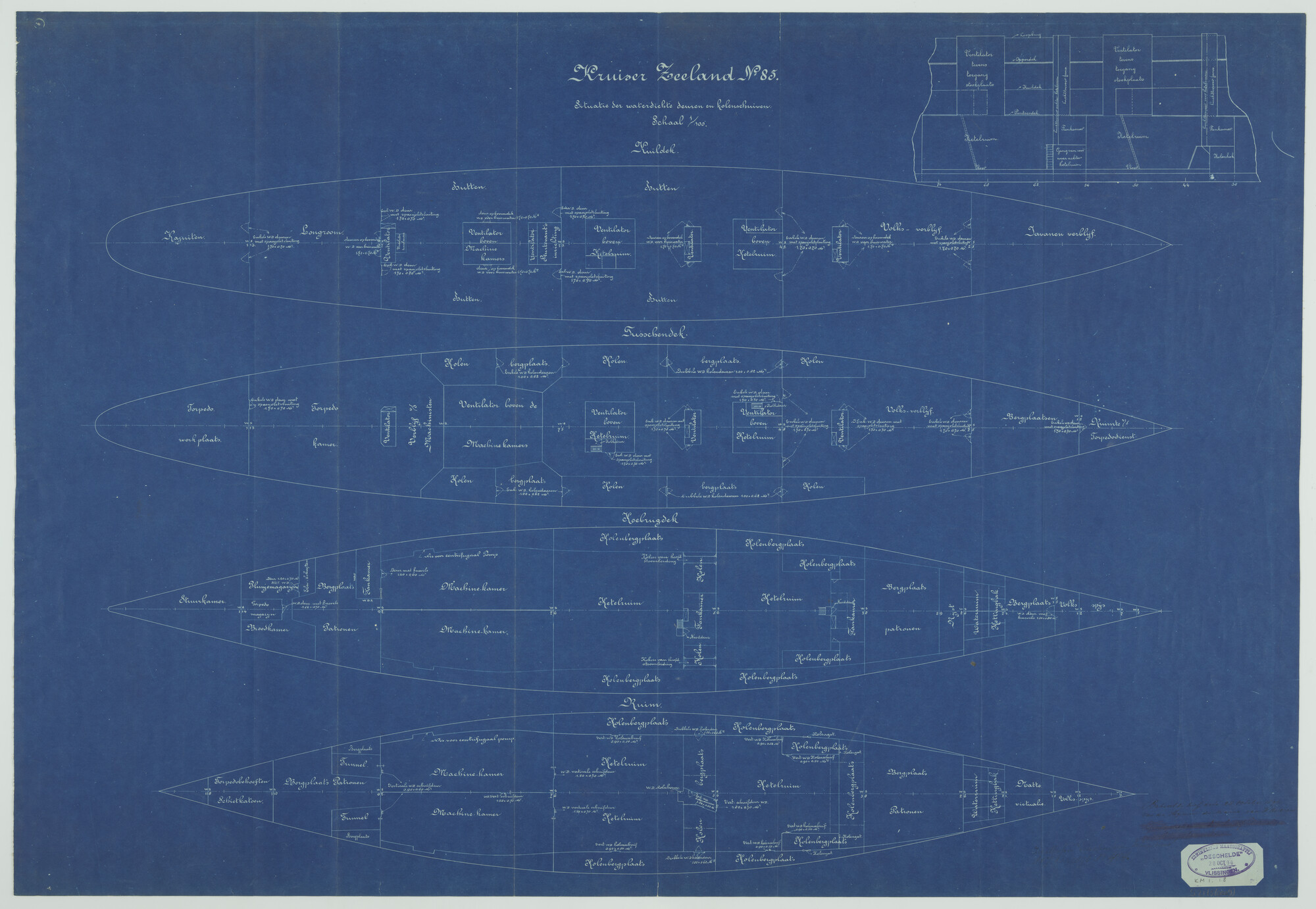 S.2175(0009); Algemeen Plan van het pantserdekschip Hr.Ms. 'Zeeland'; technische tekening