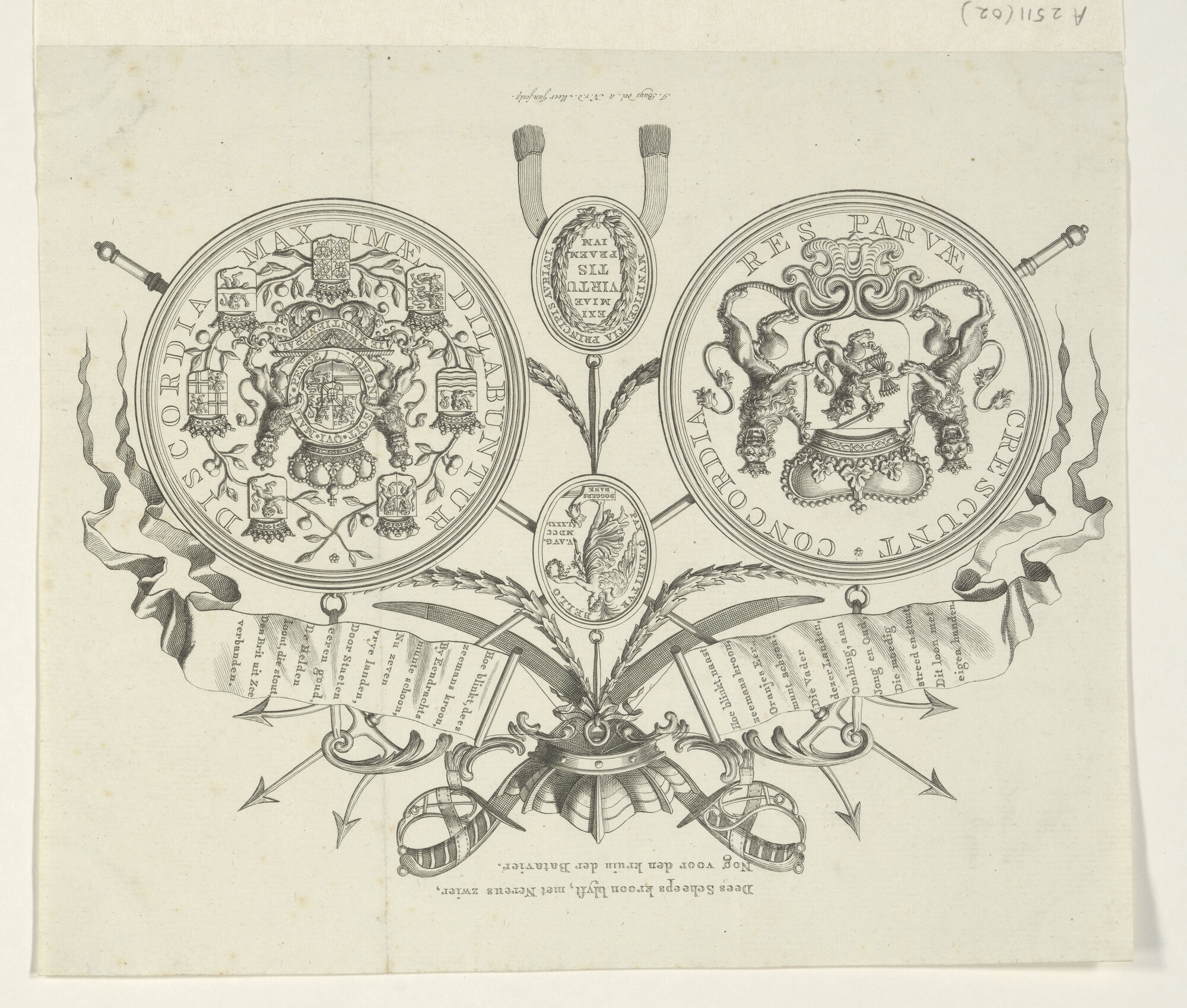 A.2511(02); Afbeelding van de gouden Doggersbank-medaille, uitgereikt door Willem V aan Admiraal Zoutman; prent