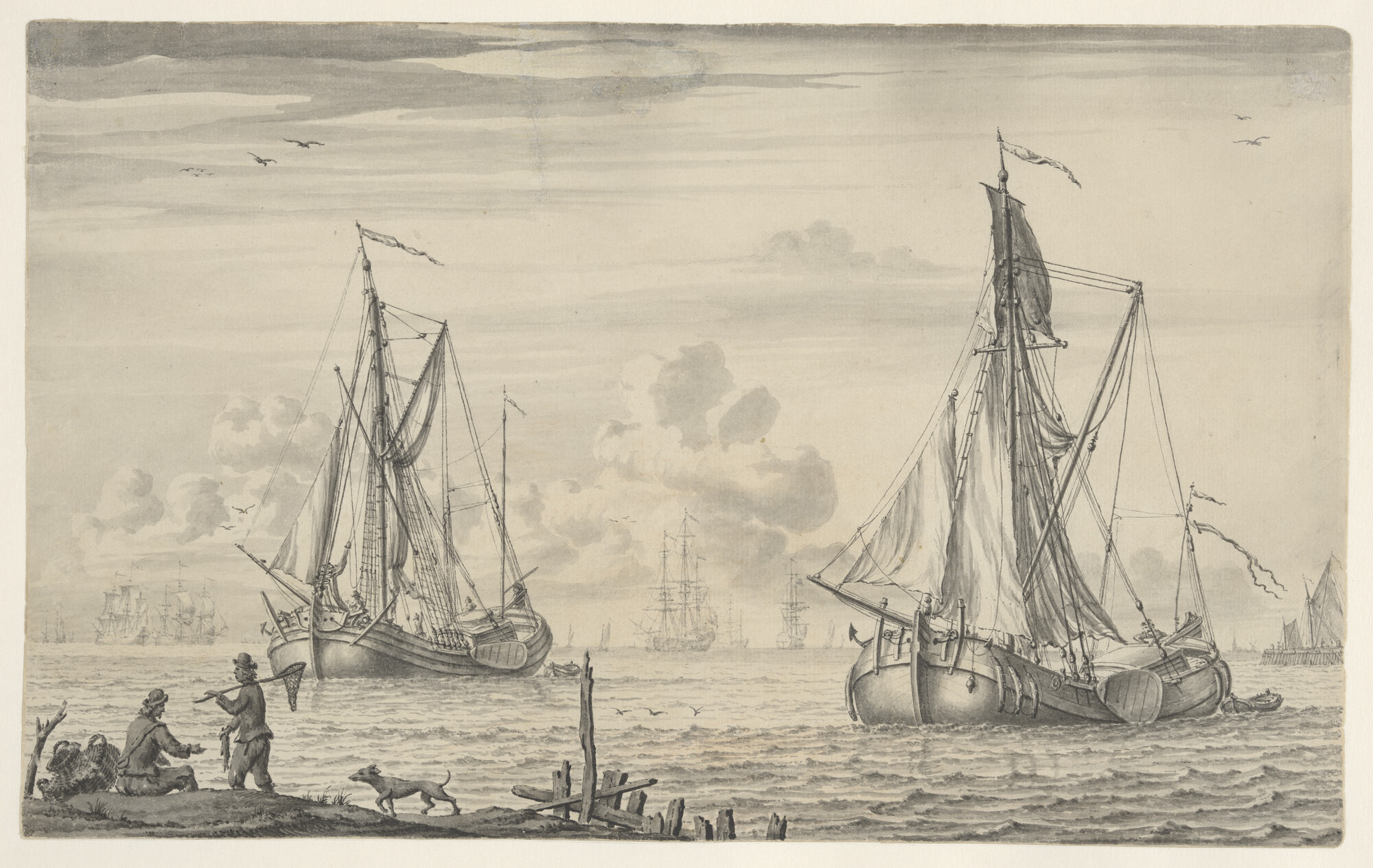 A.0149(0340); Een kofschip en een smakschip op een rede; tekening