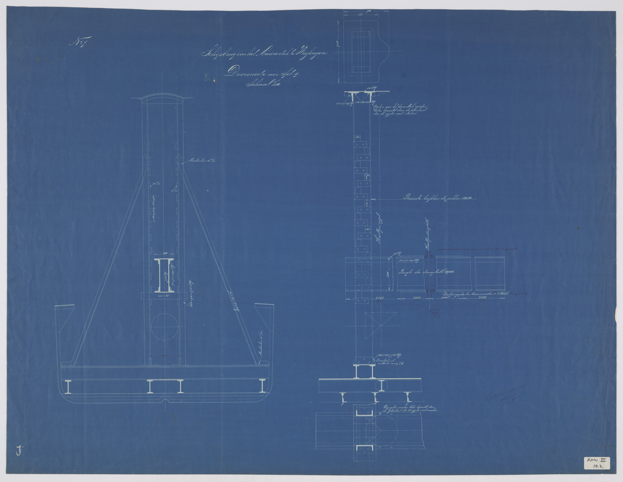 S.2175(5330); Doorsneden over een juk van een brugschip uit de schipbrug over het Marinedok bij de Koninklijke Maatschappij 'De Schelde' te Vlissingen; technische tekening