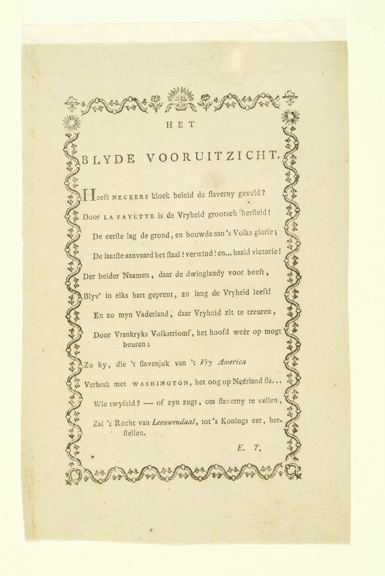A.0075(206); Het Blijde Vooruitzicht, gedicht naar aanleiding van de Amerikaanse Vrijheidsoorlog; gedicht