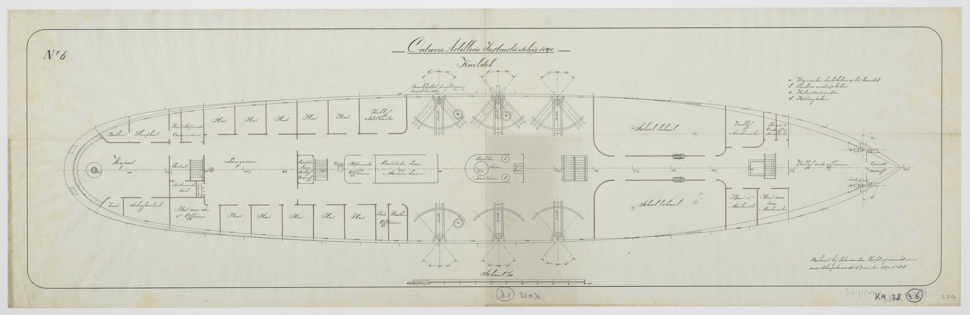 S.2175(4298); Kuildek van het ontwerp artillerie instructieschip 1890 Hr.Ms. 'Bellona'; technische tekening