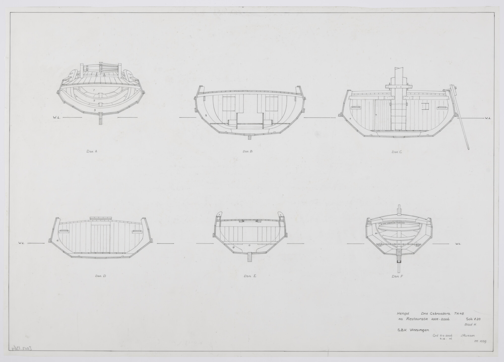 2012.1364; Constructieplan van de hengst 'De Drie Gebroeders' TH 49 van 12 meter over de stevens; technische tekening