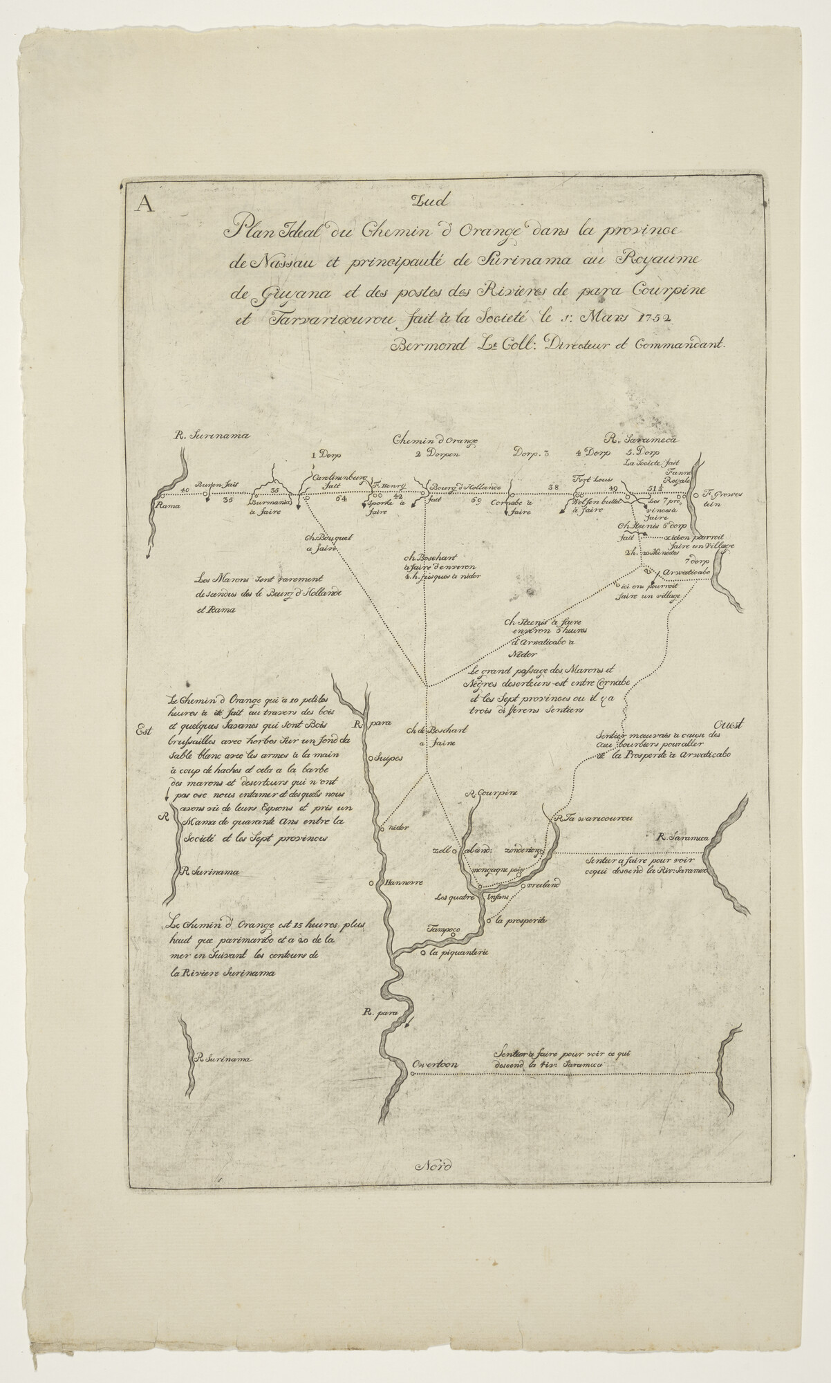 A.0145(211)147; Kaart A van de Oranjeweg in de provincie Nassau in Suriname en een deel van Guiana, uit 1752; landkaart