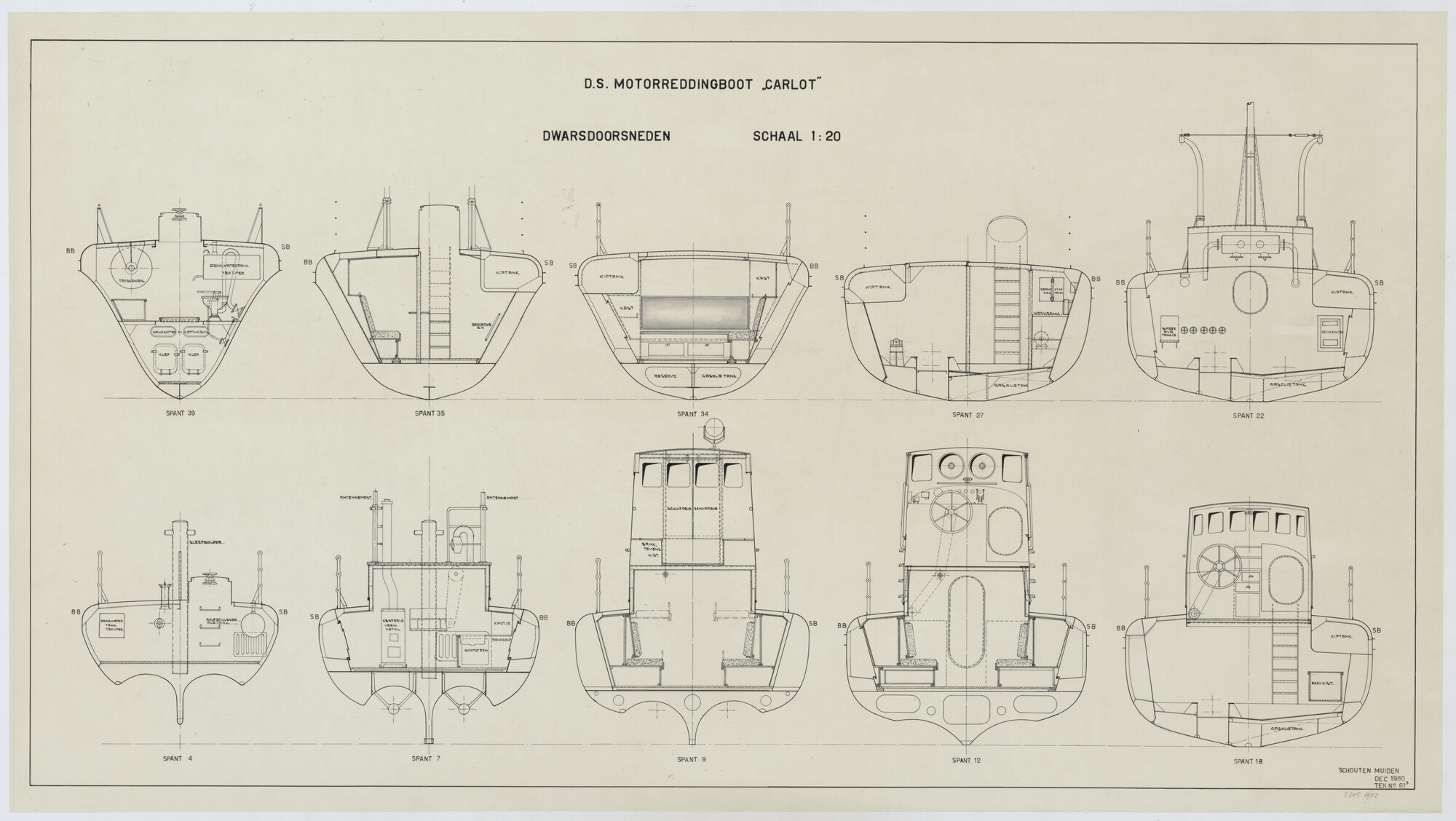2005.1952; Dwarsdoorsneden van de stalen dubbelschroef zelfrichtende motorreddingboot "Carlot"; technische tekening