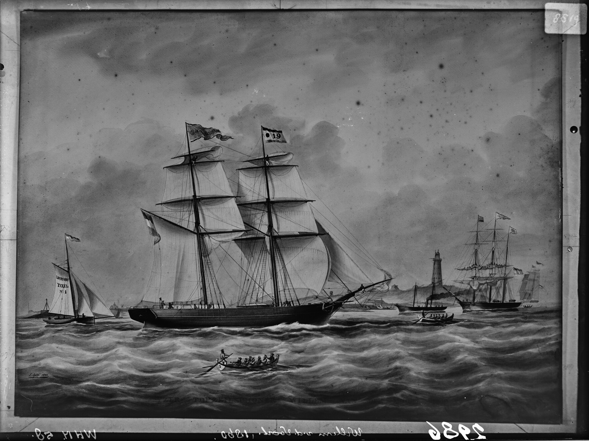S.1156(06)373a; Reproductienegatief van een tekening door J. Spin van de topzeilschoener 'Willem van der Voort' zeilende nabij de vuurtoren van Den Helder; negatief