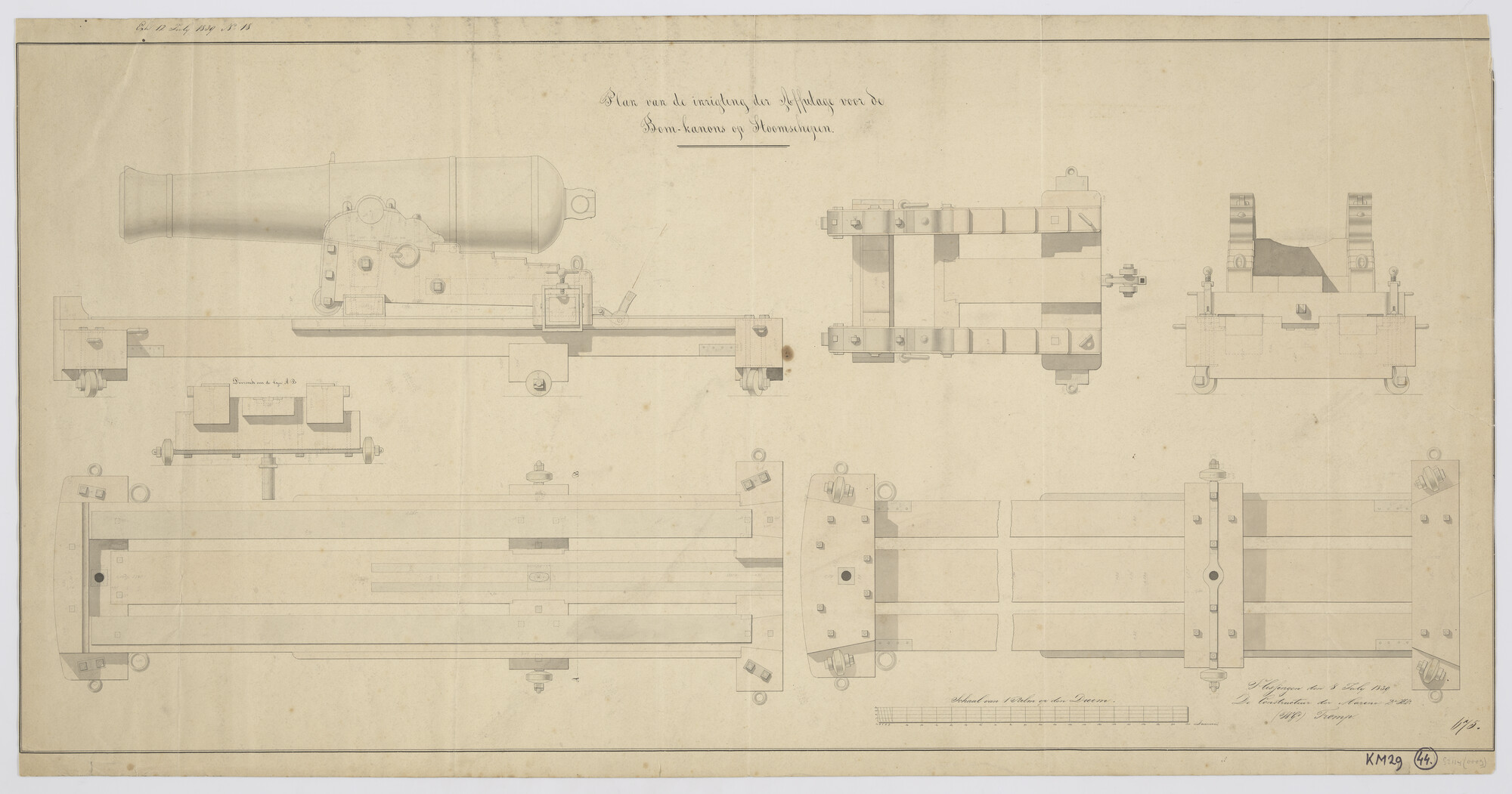 S.1214(0009); Kanon op draaiaffuit voor stoomschepen of raderstoomschepen (plan); technische tekening