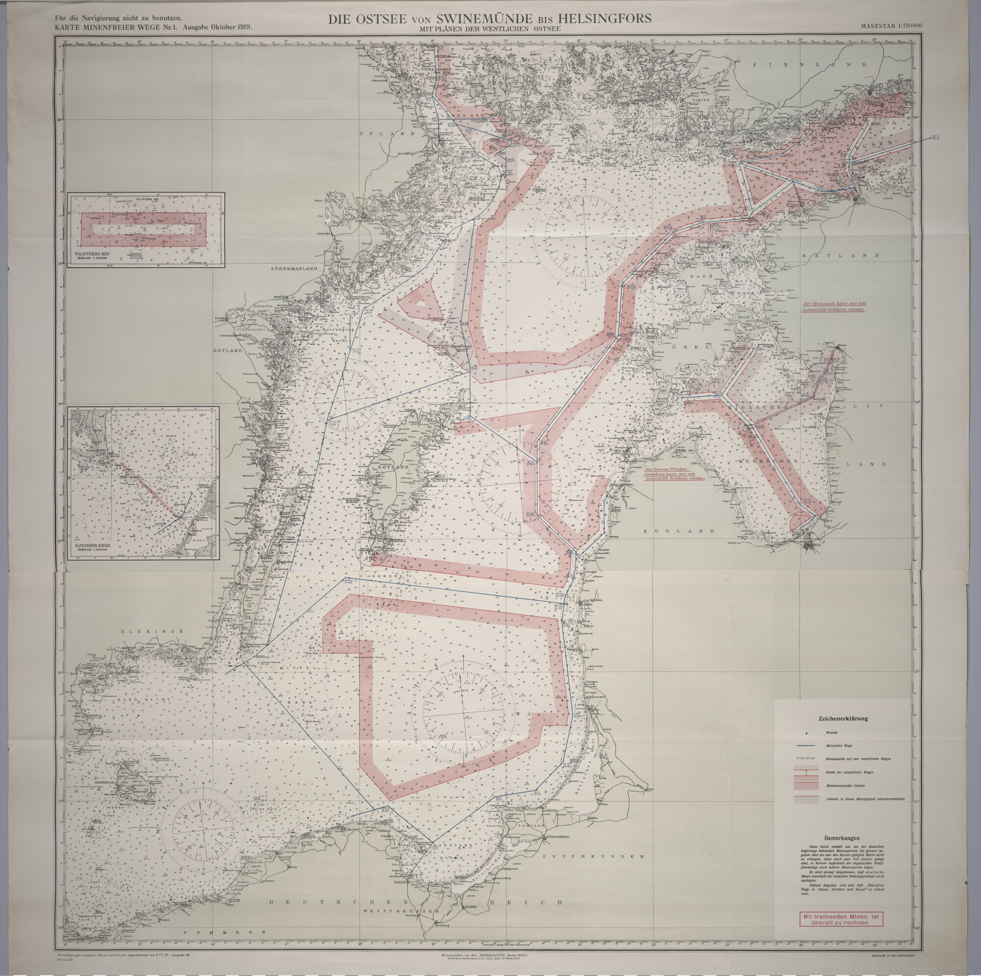 2012.1037; Zeekaart van de Oostzee met daarop mijnenvrije gebieden aangegeven; kaart