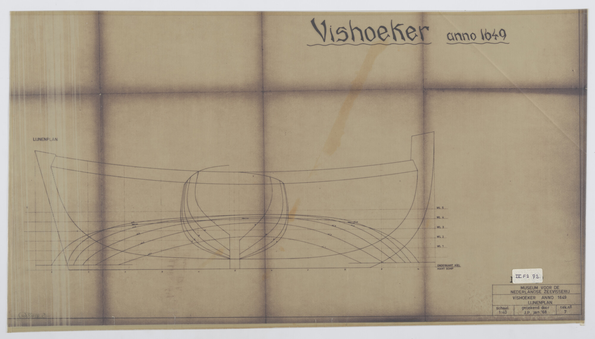 S.4148(02); Reconstructie tekeningen: Lijnenplan van een vishoeker 1649; technische tekening