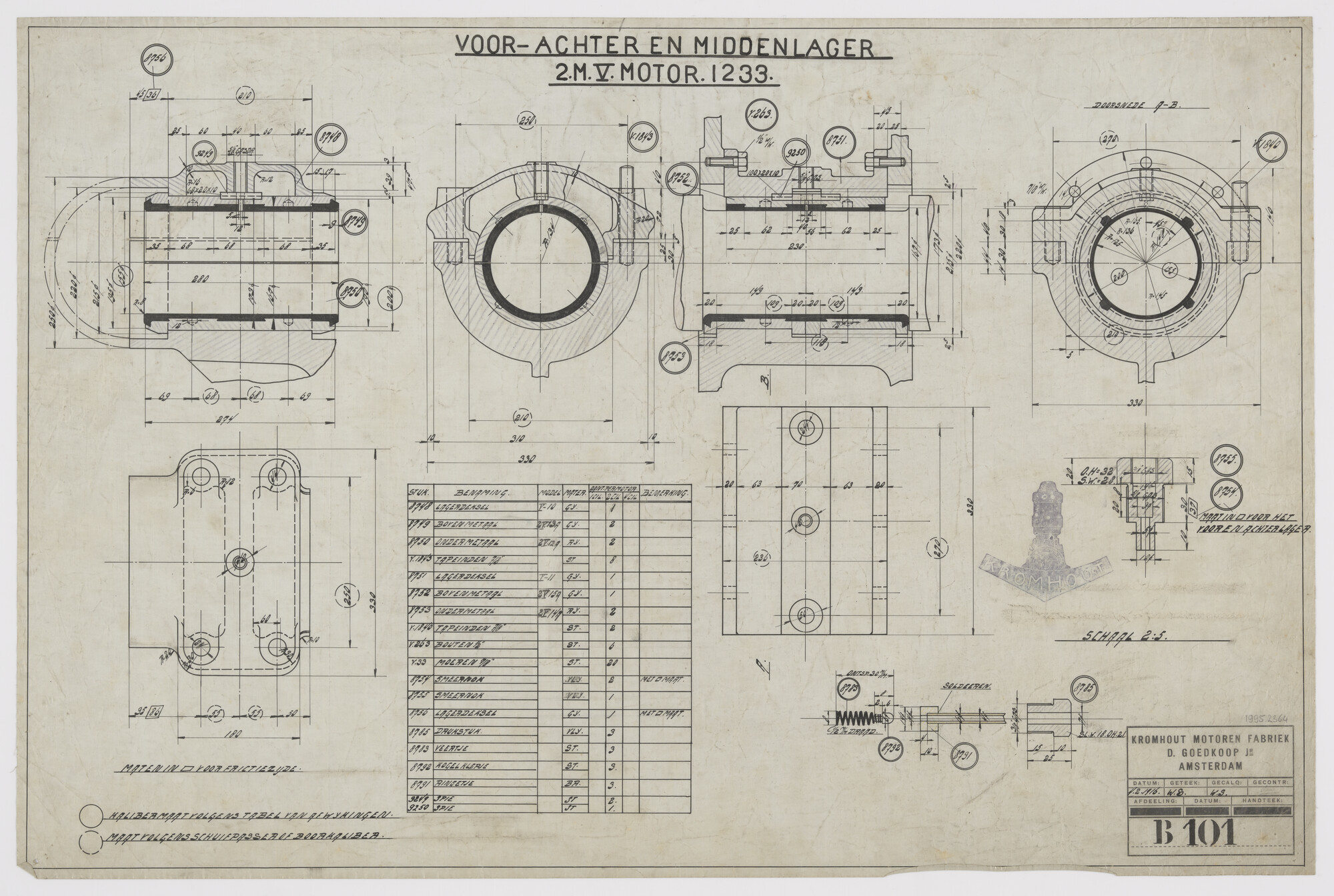 1995.2364; Voor-, achter- en middenlager van Kromhoutmotor 2M5 nummer 1233; technische tekening