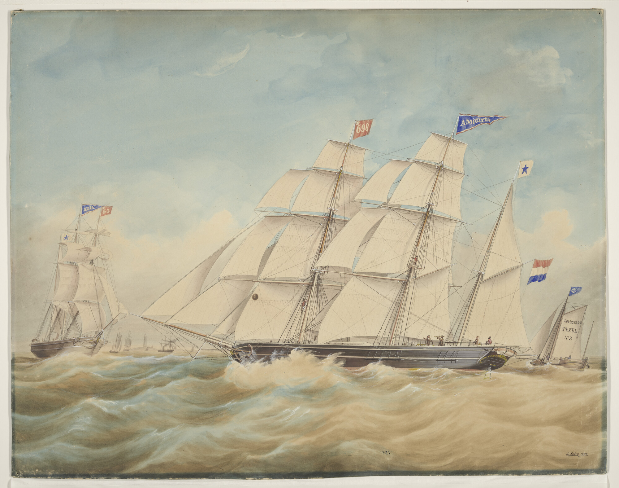 A.2583(02); De barkschepen Amicitia en Azia in het zeegat van Texel; tekening