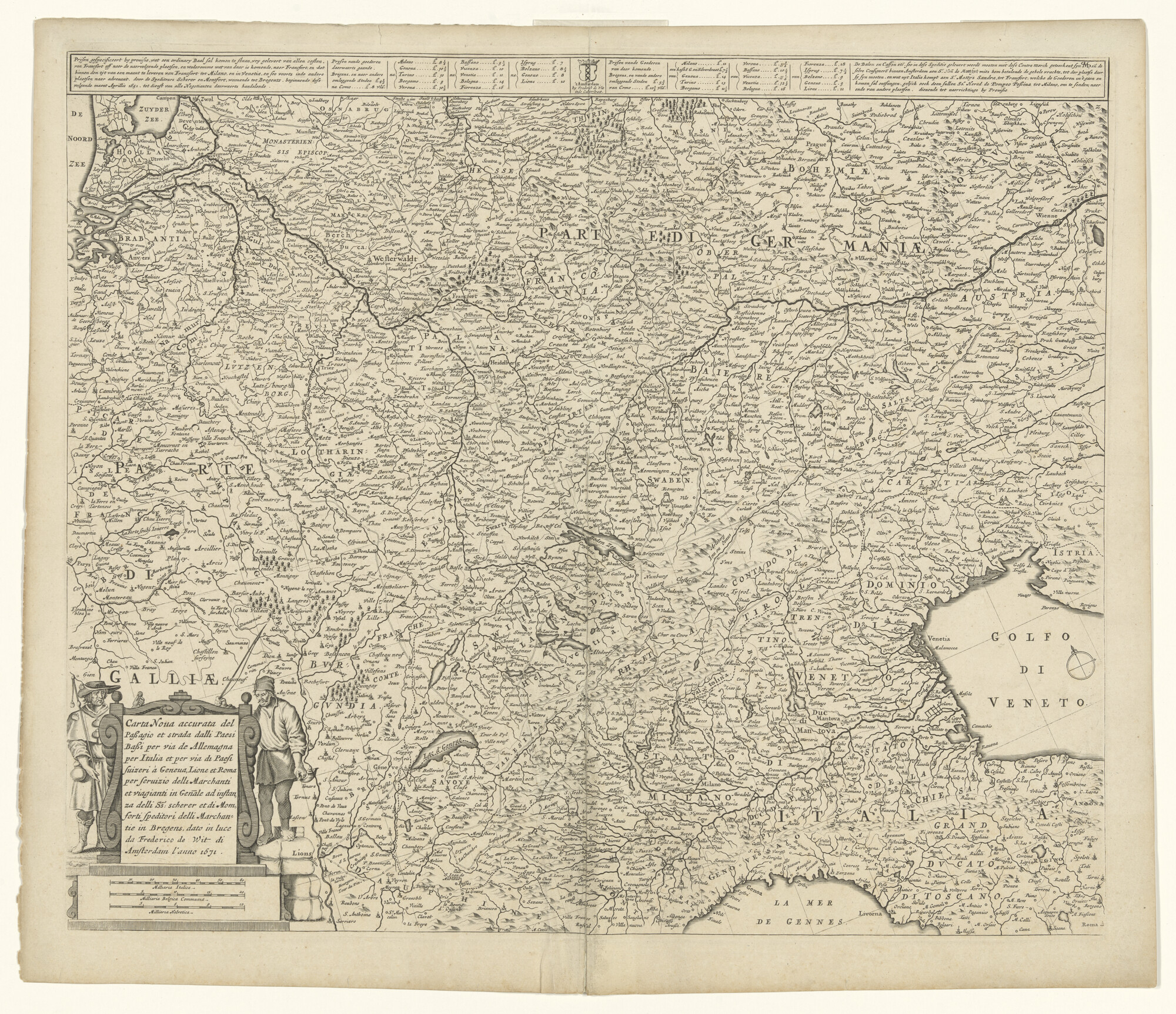 A.0145(211)063; Met de hand gekleurde kaart van Noord Italië en Zuid Duitsland met gegevens; landkaart