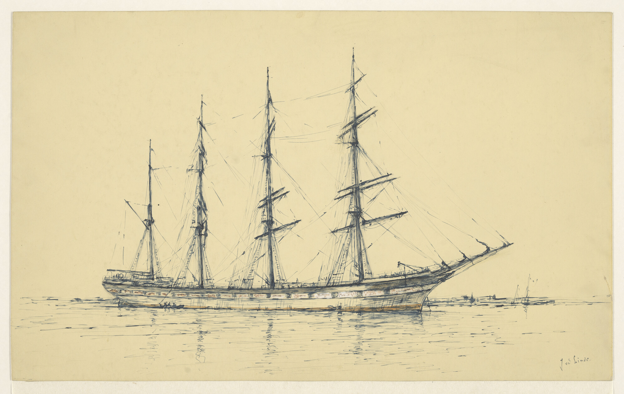 S.3088(06); Een viermast-barkschip voor anker liggend; tekening