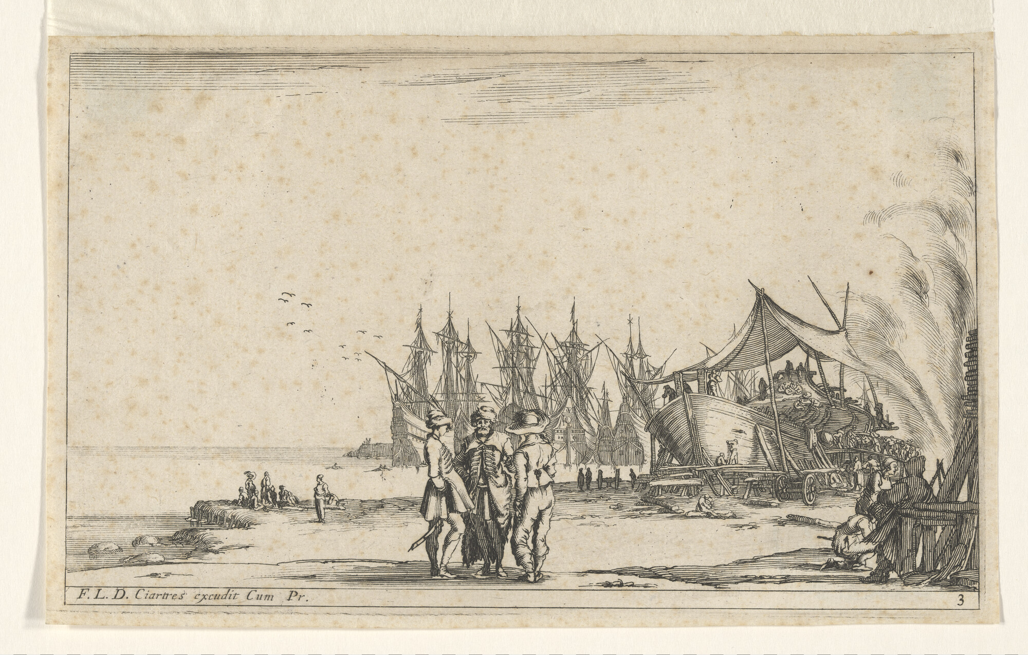 A.0989(01) [nr 0006]; Het kalfaten van een galei op het strand met links enkele oorlogschepen; prent