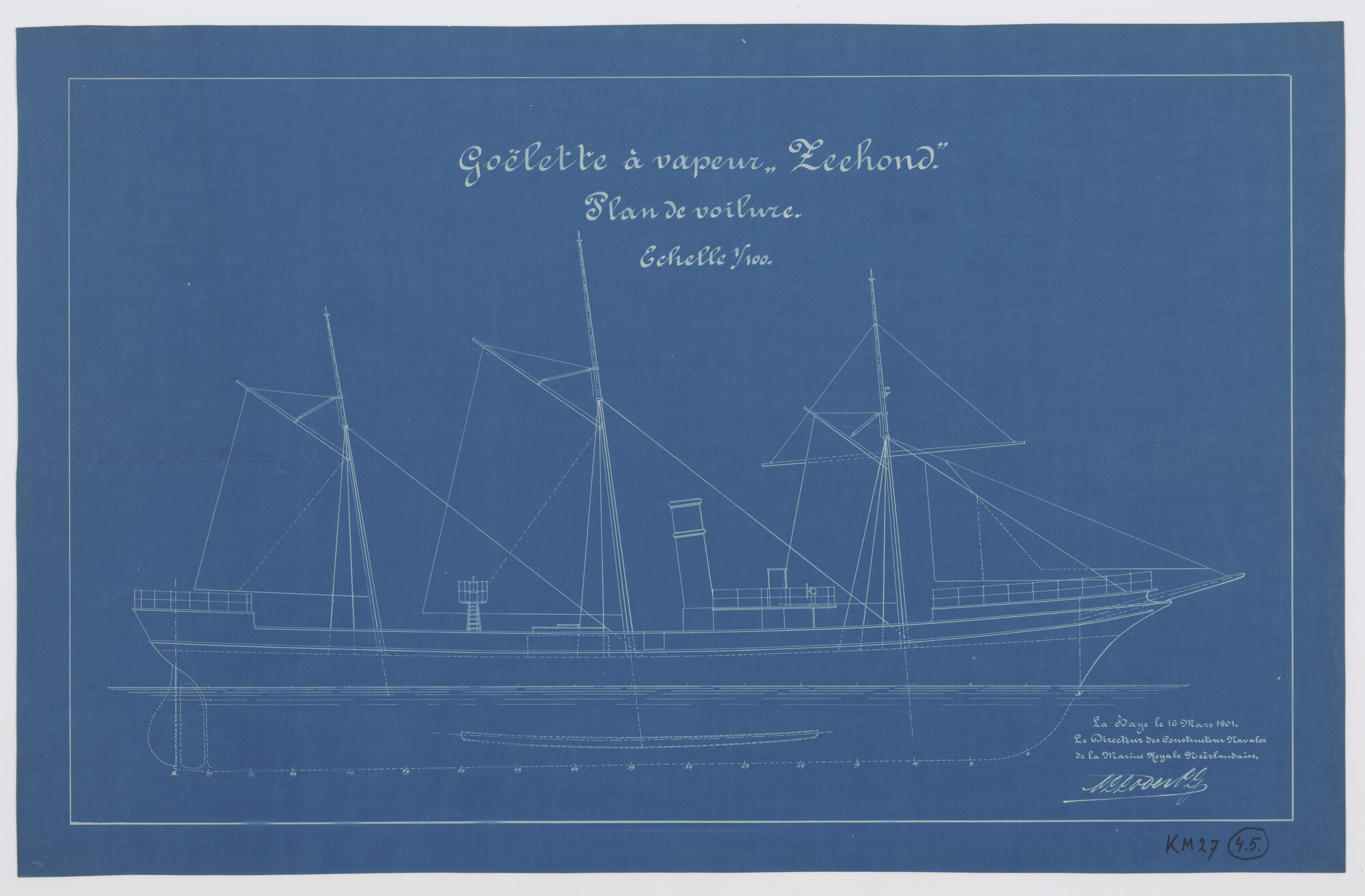 S.2175(4212); Tuig met zeilplan van Hr.Ms. 'Zeehond'; technische tekening