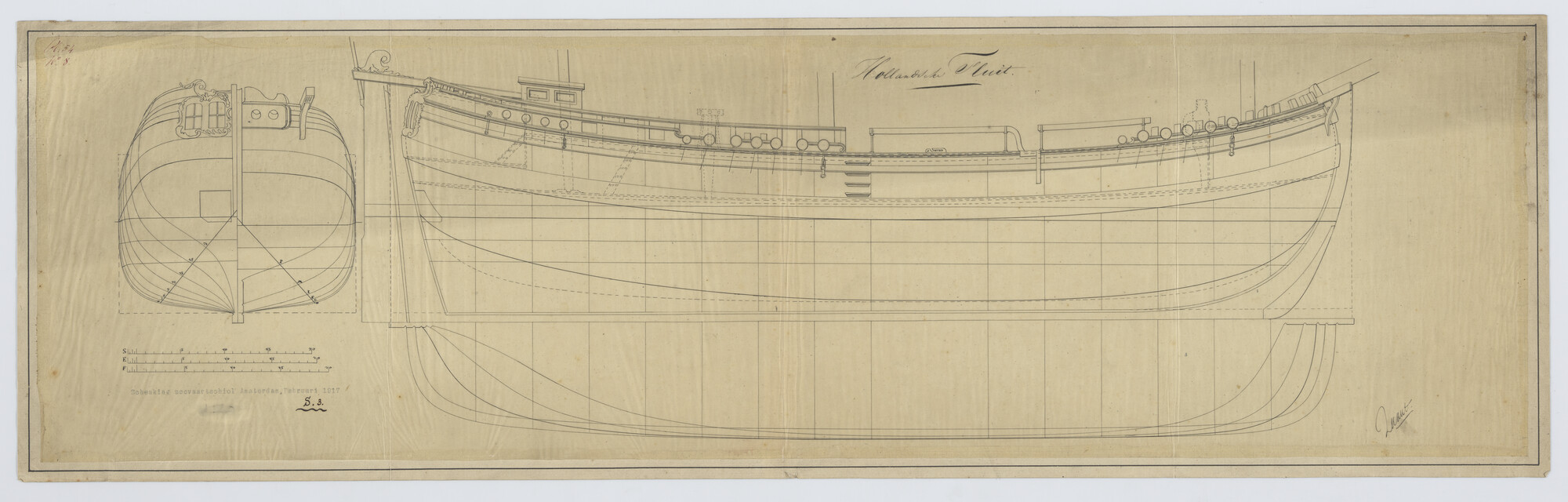 S.0003(05)016; Lijnenplannen van de 'Hollandse fluit'; technische tekening