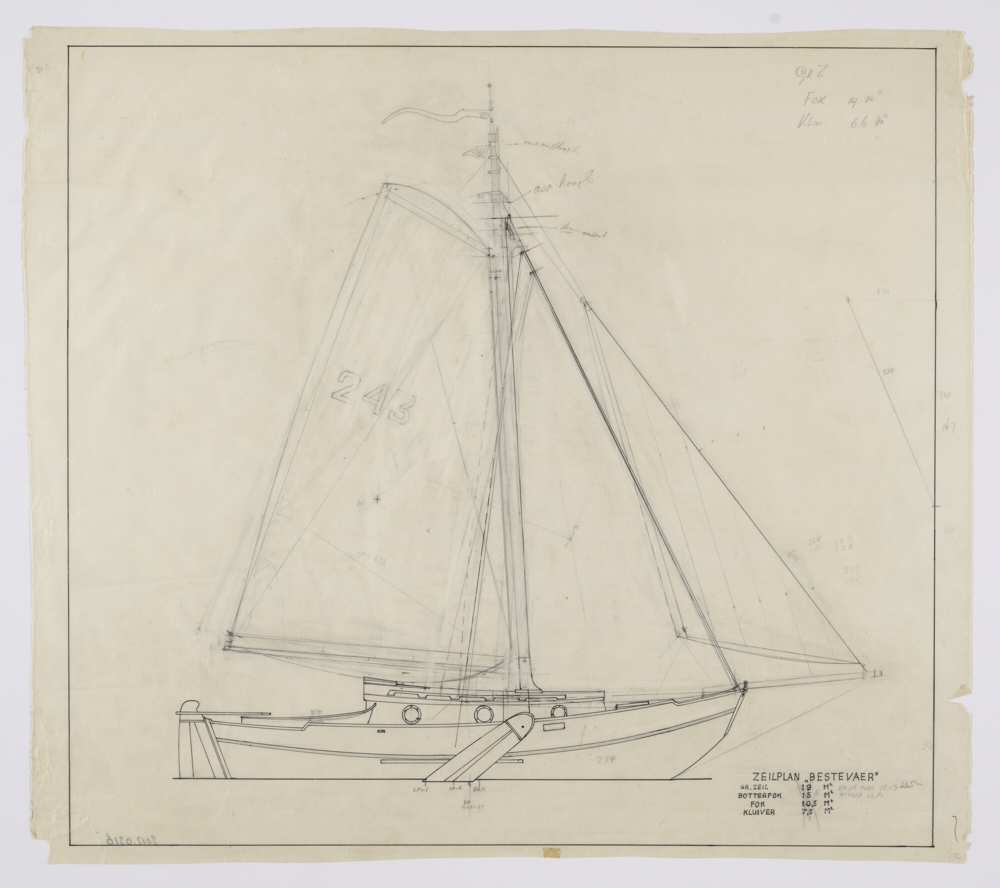 2012.0316; Zeilplan van de zeeschouw Bestevaer van 9.68 m; technische tekening