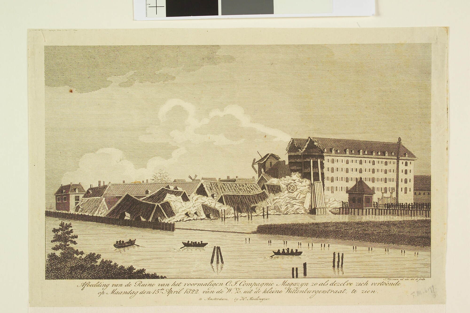 A.0482(12)12; Ruïne van het VOC-magazijn te Amsterdam, na de instorting, 1822; prent