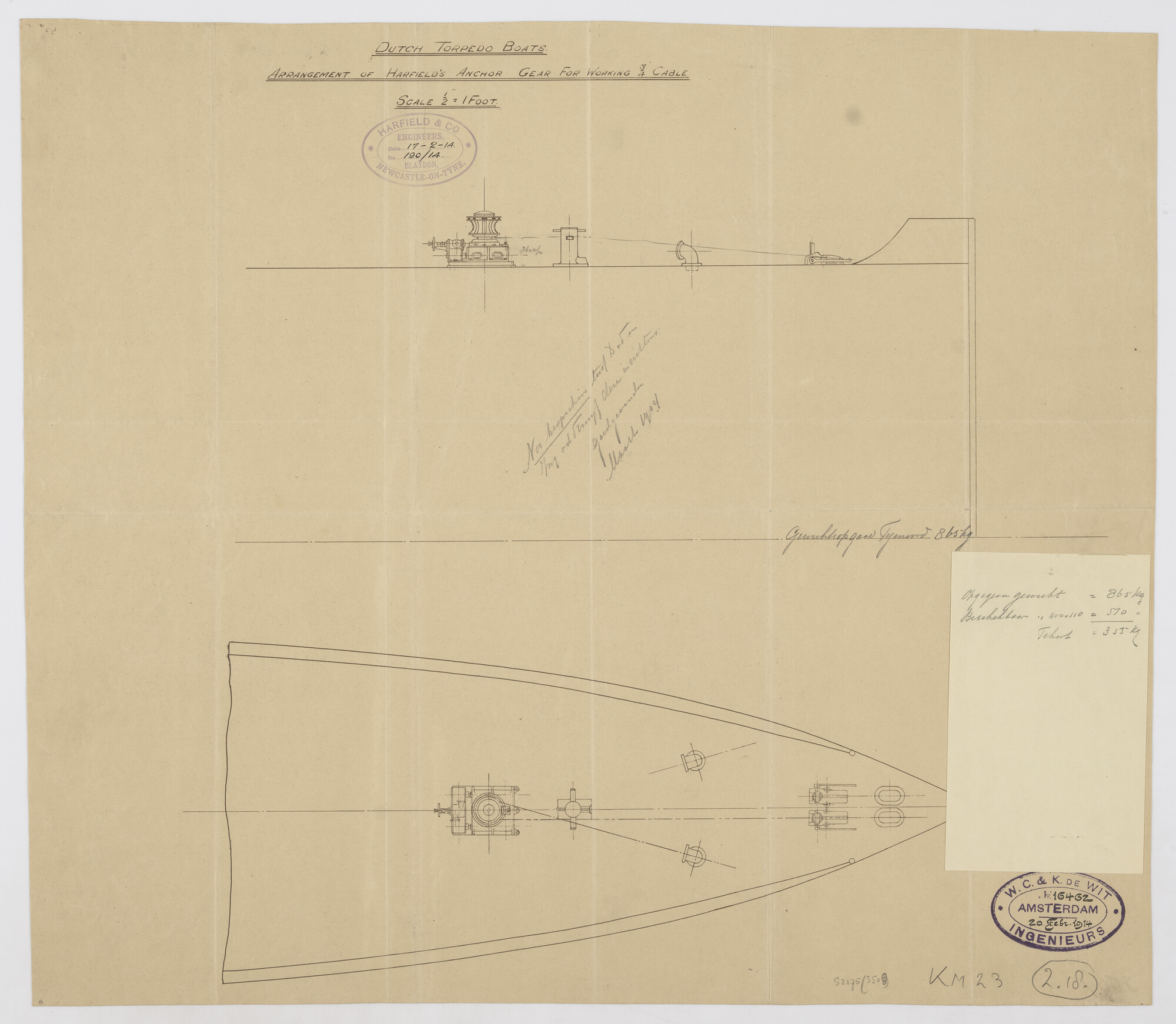 S.2175(3508); Langsdoorsnede en bovenaanzicht van het bakdek met Harfield's- patent ankerinrichting aan boord van de torpedoboten Hr.Ms. 'Z 7' en Hr.Ms. 'Z 8'; technische tekening