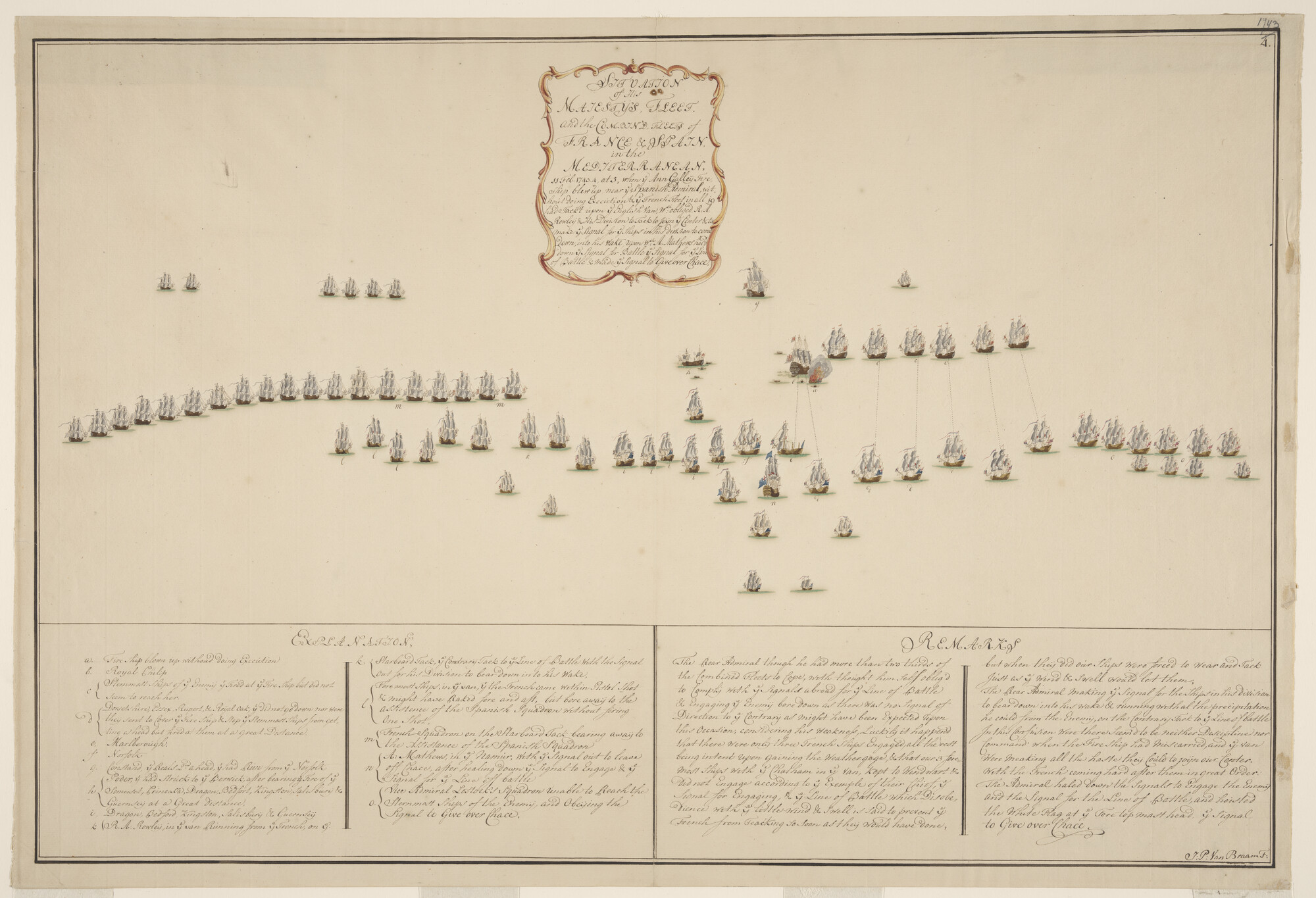 S.0597(01)4; Tekening van de zeeslag tussen de Engelse vloot en de gecombineerde Franse en Spaanse vloten bij Toulon, 1744; tekening