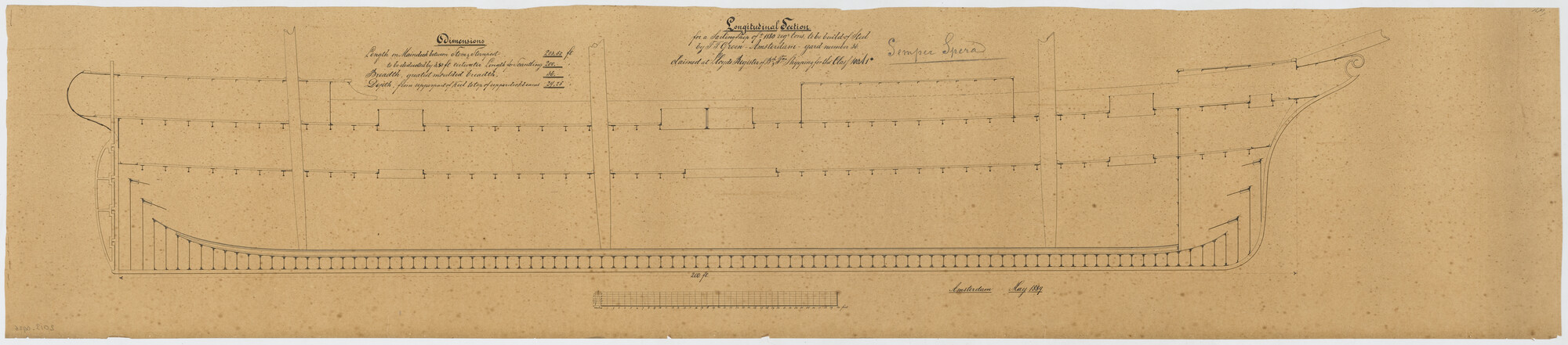 2013.0926; Constructieplan van het barkschip Semper Spera (Houd altijd Hoop) van 61.20 meter; technische tekening