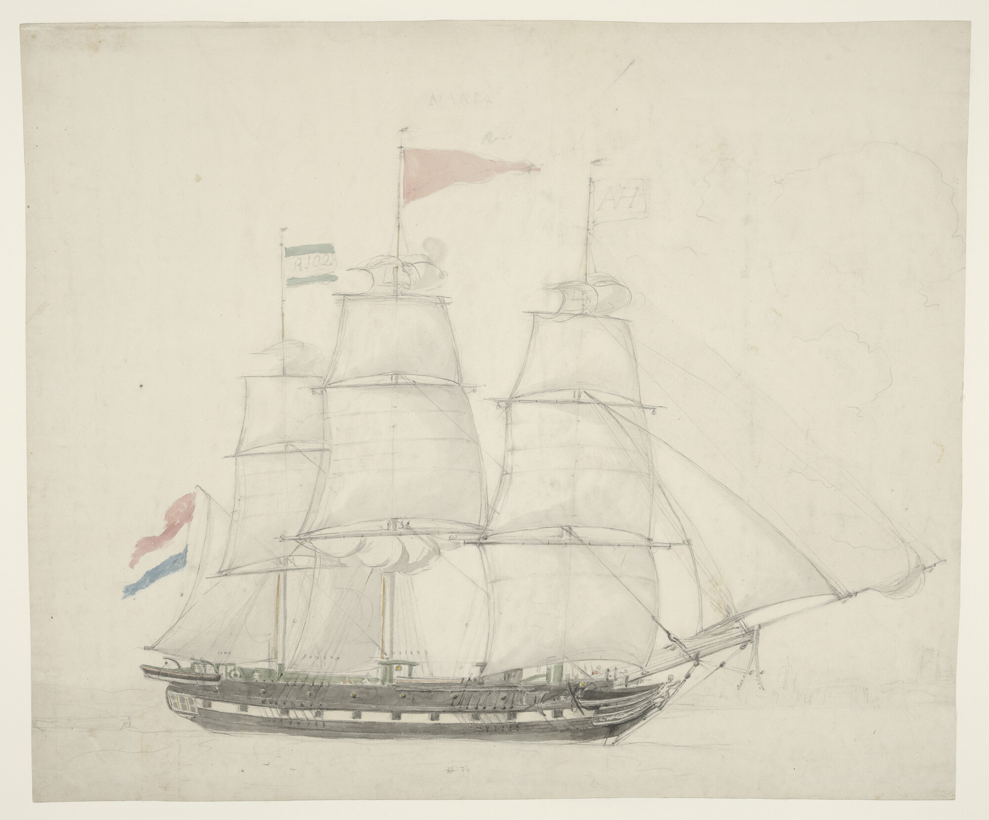 S.3107(07)020; Het fregatschip Maria van de Rotterdamse rederij Van Hoboken, kapitein Frans van den Berg, 1828; tekening