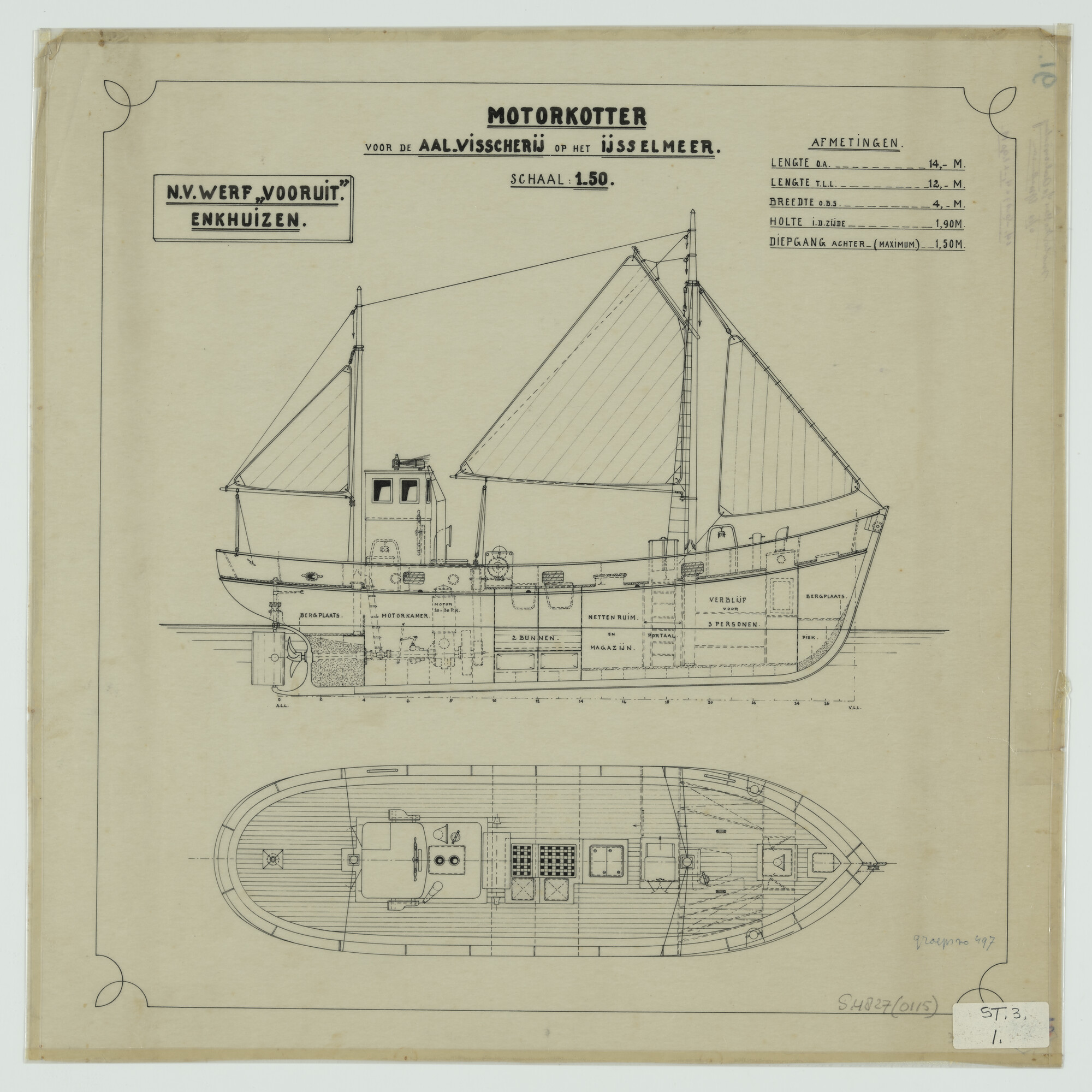 S.4827(0115); Motorkotter voor de aalvisserij: zijaanzicht, vooraanzicht (doorzicht), bovenaanzicht, < 20 BRT; technische tekening
