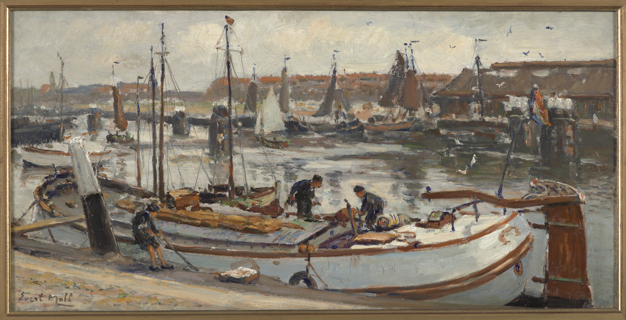 1994.2099; Afgetuigde tjalk aan de kade van de Tweede Binnenhaven van Scheveningen; schilderij