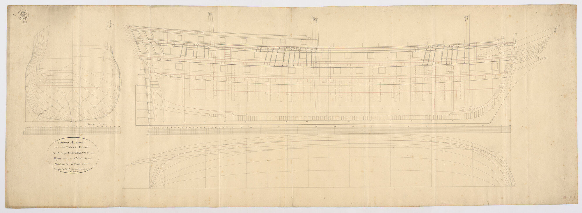 S.2599(0009); Lijnenplan van het oorlogsschip 'Alcides' van 80 stukken; technische tekening