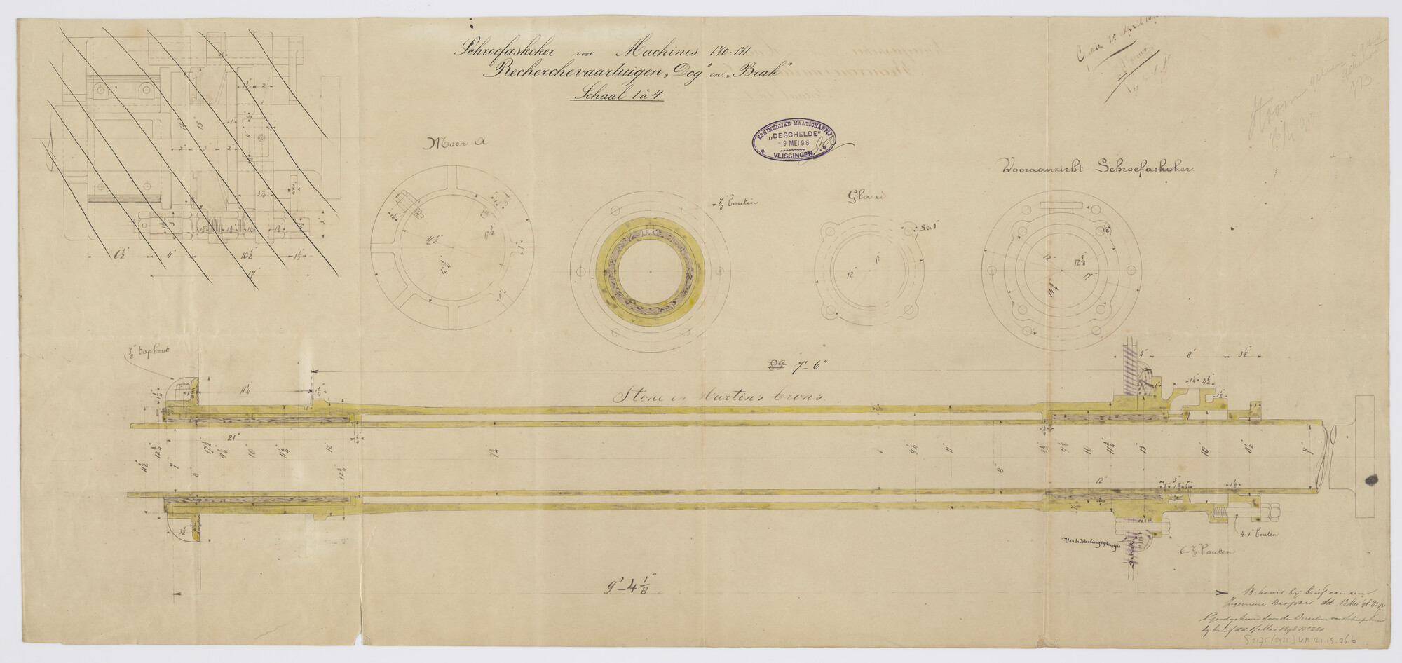 S.2175(2925); Diverse doorsneden en aanzichten van de bronzen schroefaskoker van de Hr.Ms. Dog en Hr.Ms. Brak; technische tekening
