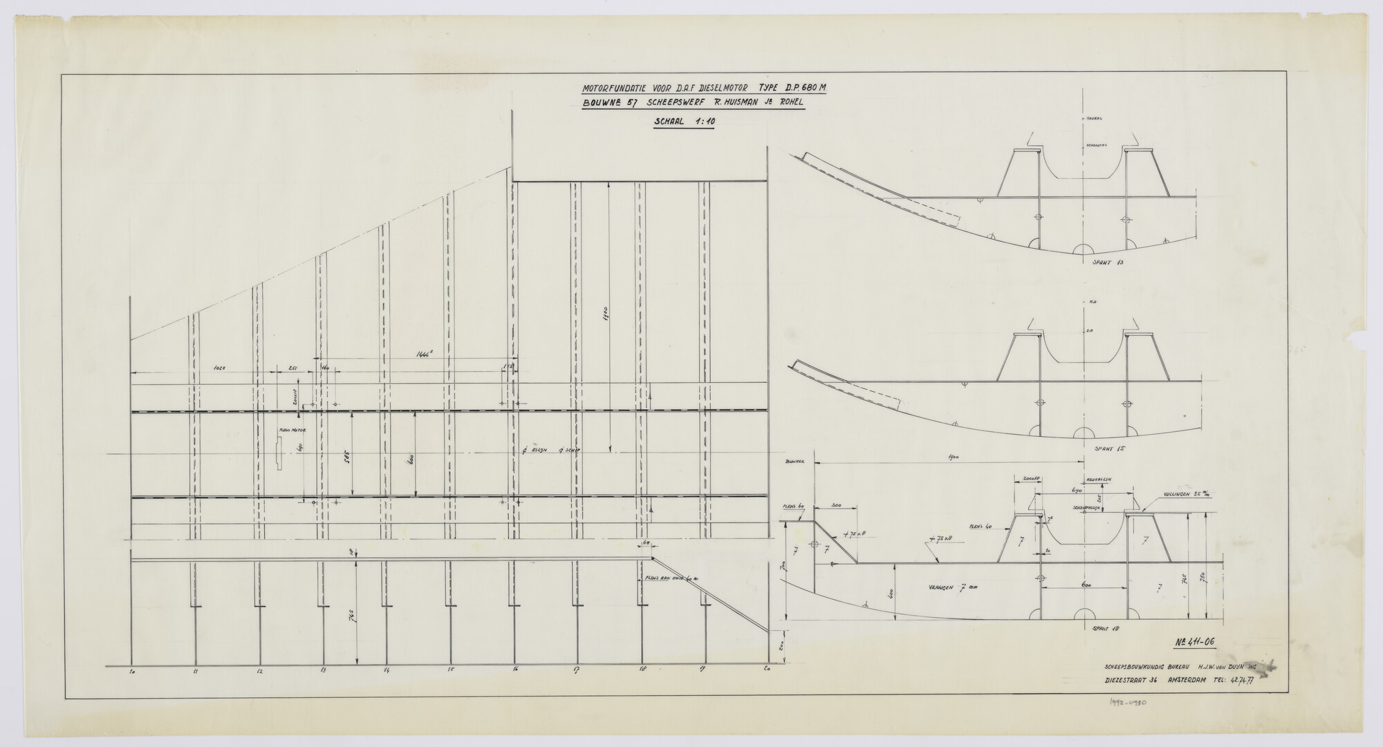 1992.0930; Motorfundatie DAF-dieselmotor type DP 680 voor het motorvrachtschip voor [...]; technische tekening