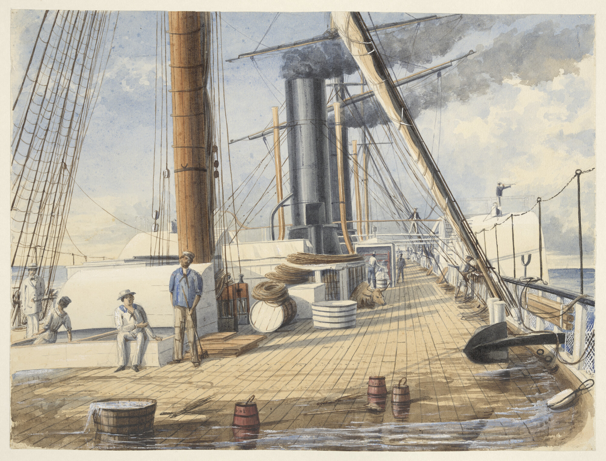 A.3504(14); Dekscène aan boord van het raderstoomschip 'Seine'; tekening