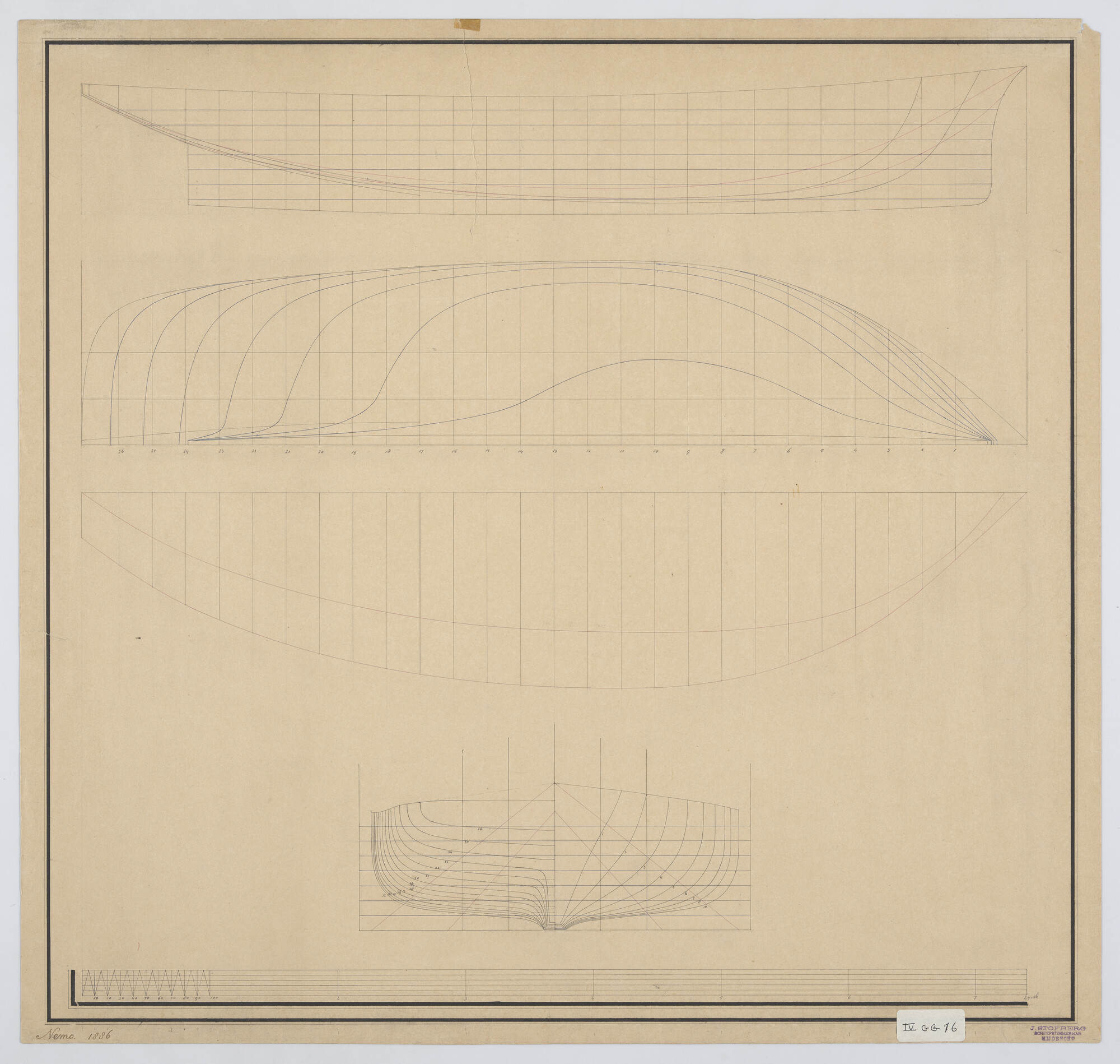 S.1225(03)41; Lijnenplan van het zeiljacht 'Nemo', 1886; technische tekening