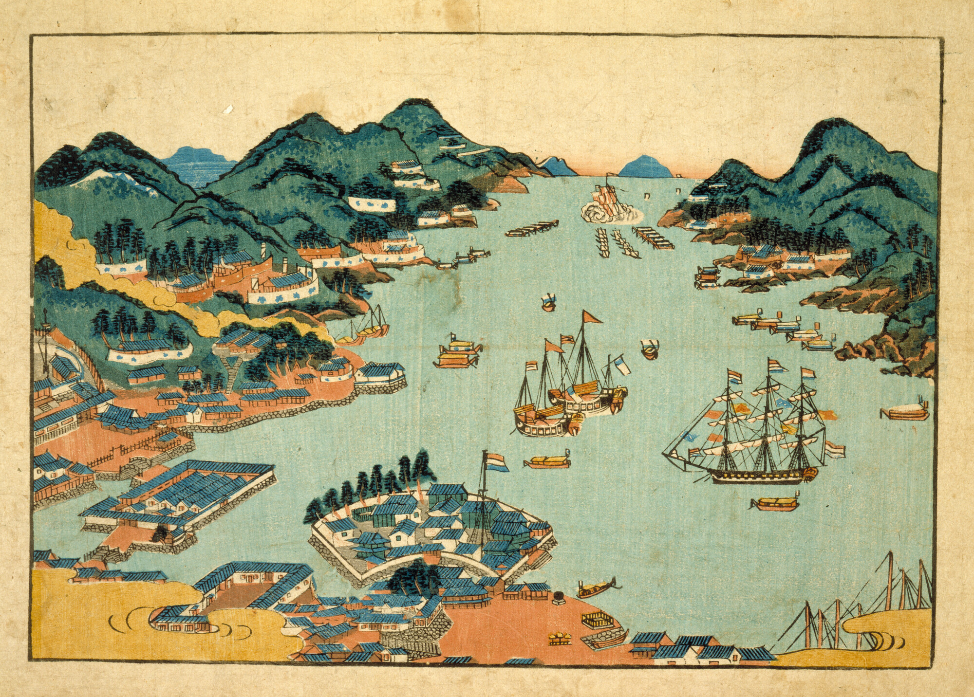 S.2247(17); Nagasaki-prent: de baai van Nagasaki met op de voorgrond Deshima; prent
