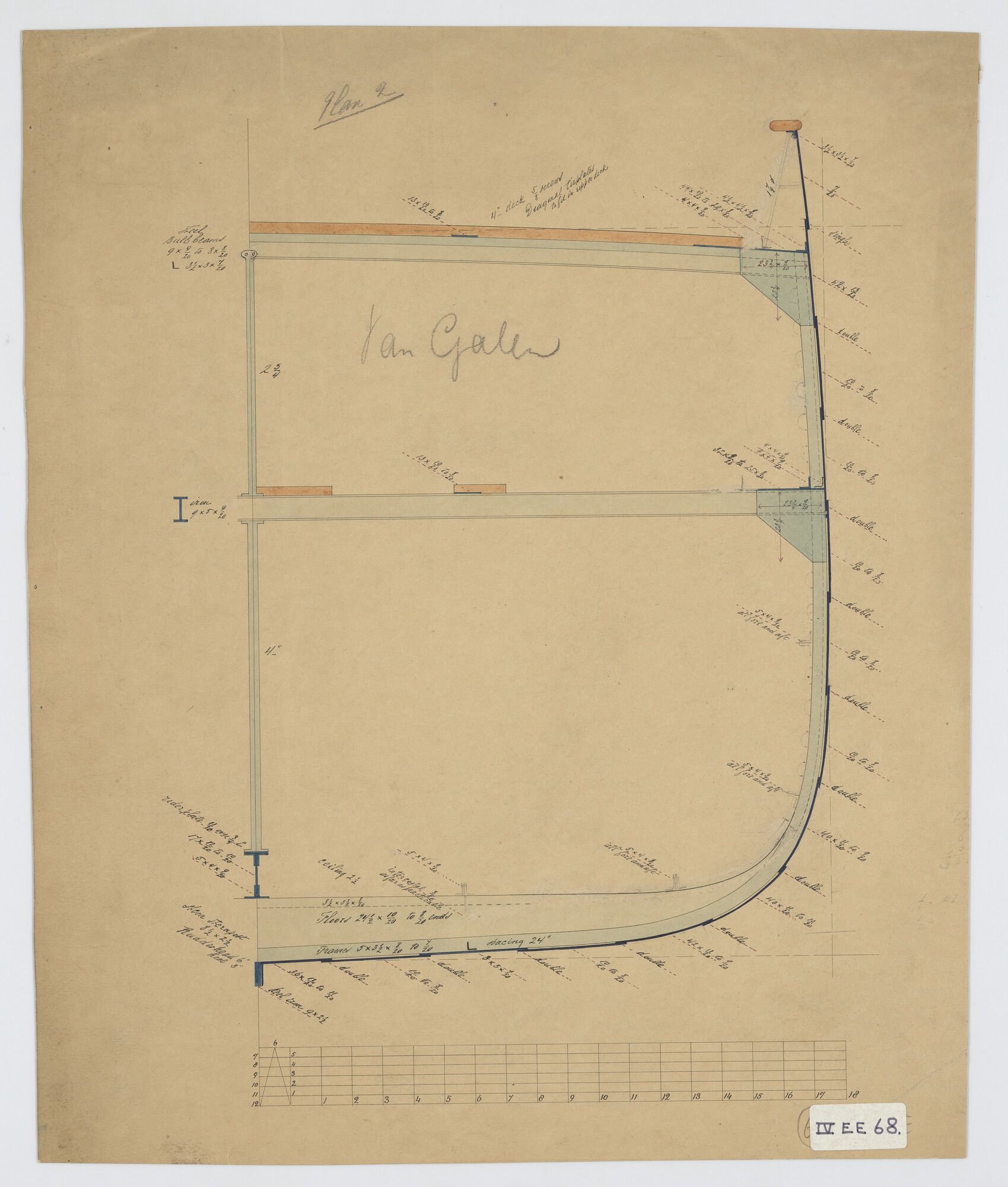 S.1156(05)0090; Grootspant van de klipperbark Van Galen; technische tekening