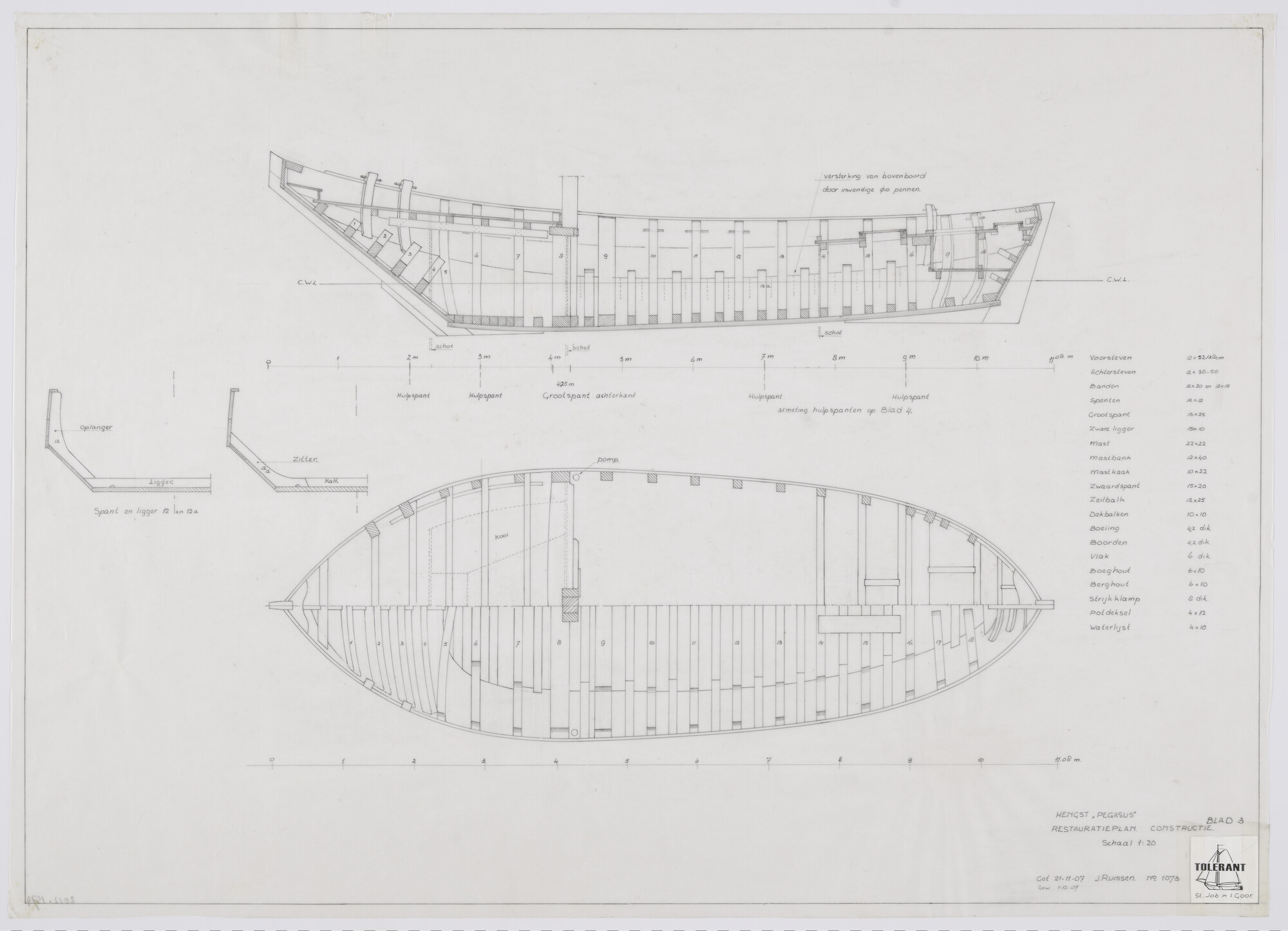 2012.1374; Constructieplan van de te herbouwen hengst 'Pegasus' van 11.08 meter; technische tekening