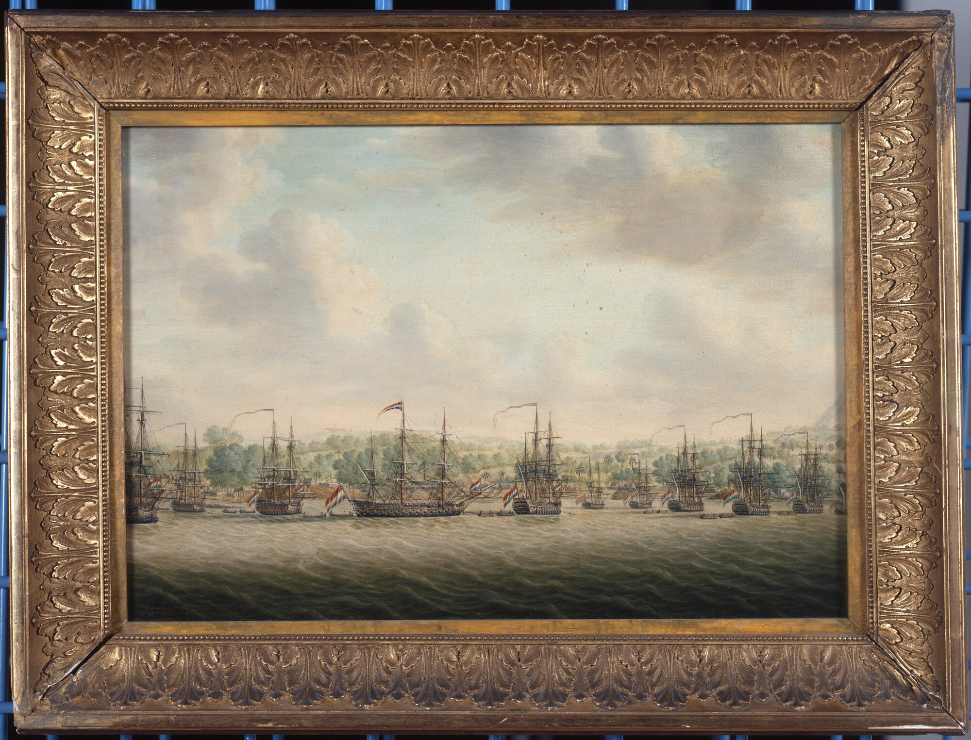A.1245(01); 's Lands eskader onder commando van kapitein J.P. van Braam voor anker liggend voor de kust van Malakka; schilderij