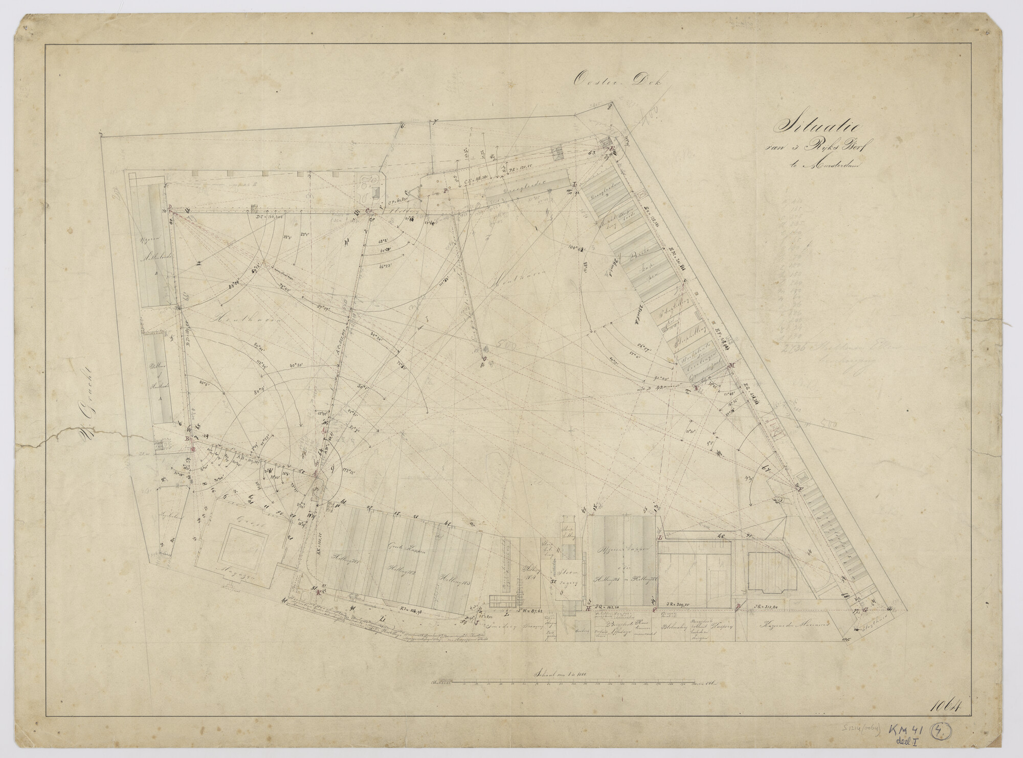 S.1214(0064); Plattegrond van de Rijkswerf te Amsterdam in 1849 met uitvoerige legenda; technische tekening