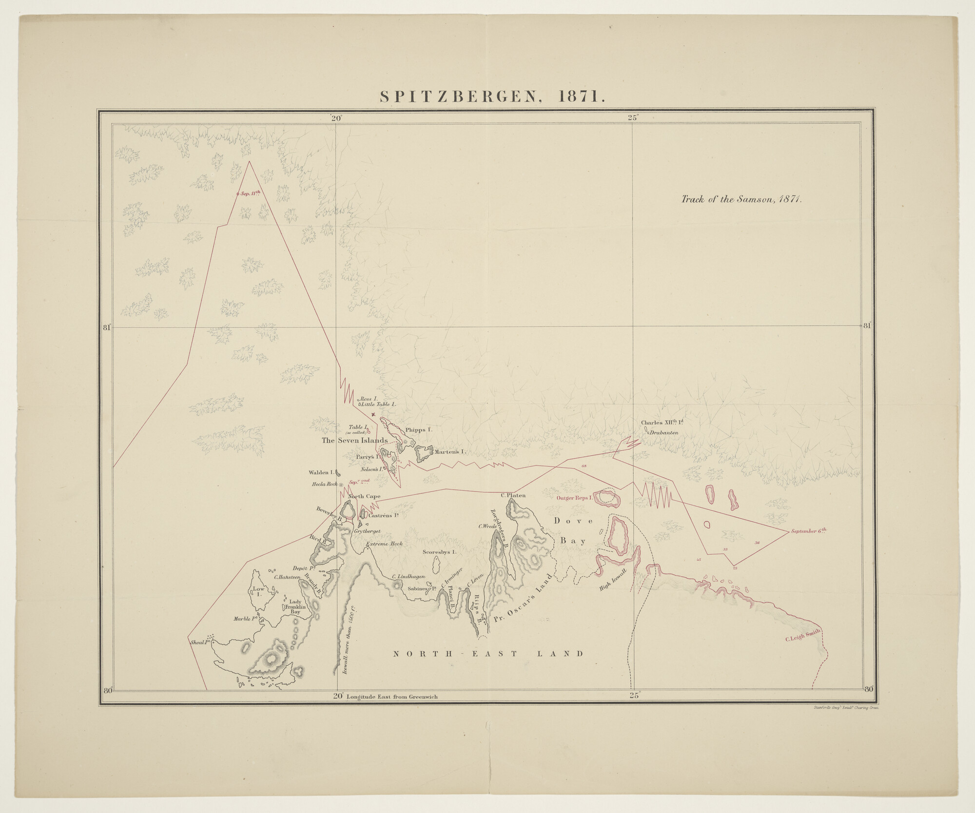 S.0476(01)05; Gekleurde kaart van Spitsbergen uitgegeven door Stanford's Geographical Establishment te Londen; poolkaart