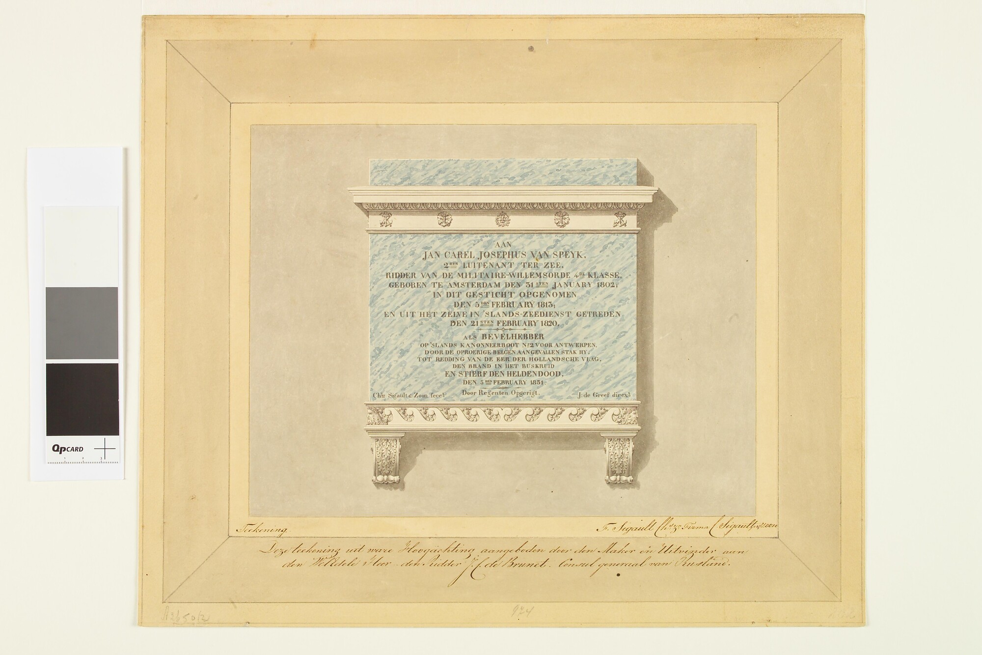 A.2650(02); Monument opgericht in het Burgerweeshuis te Amsterdam ter ere van J.C.J. van Speyk, 1831; tekening