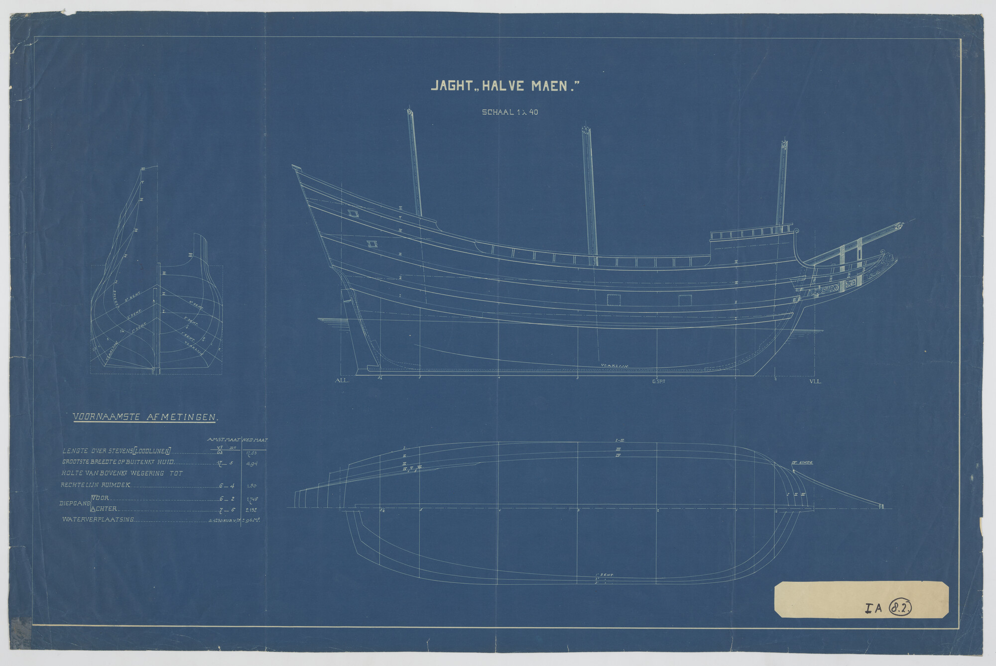 S.2112(05a)03; Algemeen plan van de replica van het jacht  'Halve Maen'; technische tekening