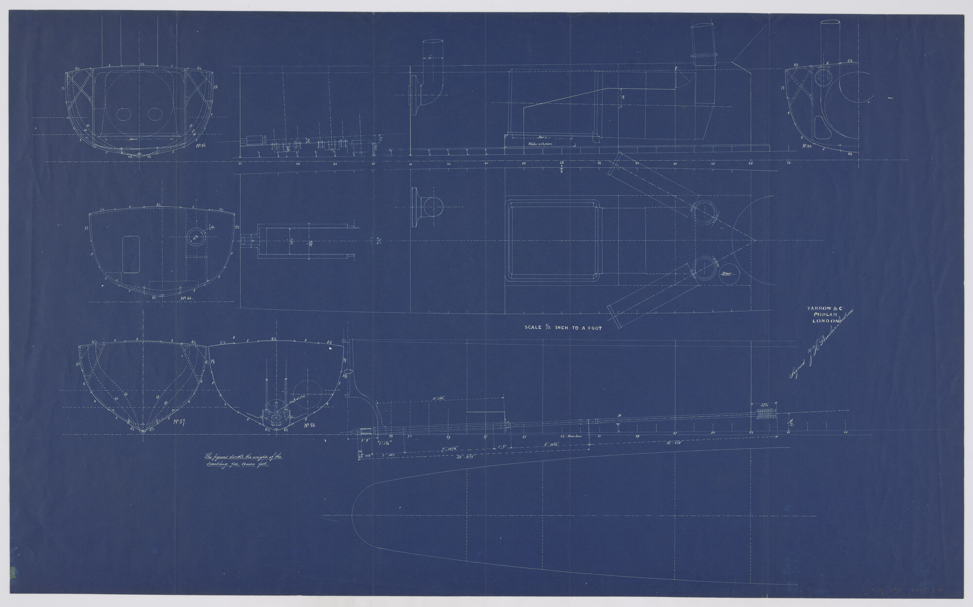 S.2175(3180); Dwarsdoorsneden, verticale langsdoorsnede en horizontale langsdoorsnede boven de waterlijn van het achterschip van een ontwerp torpedoboot uit 1885; technische tekening