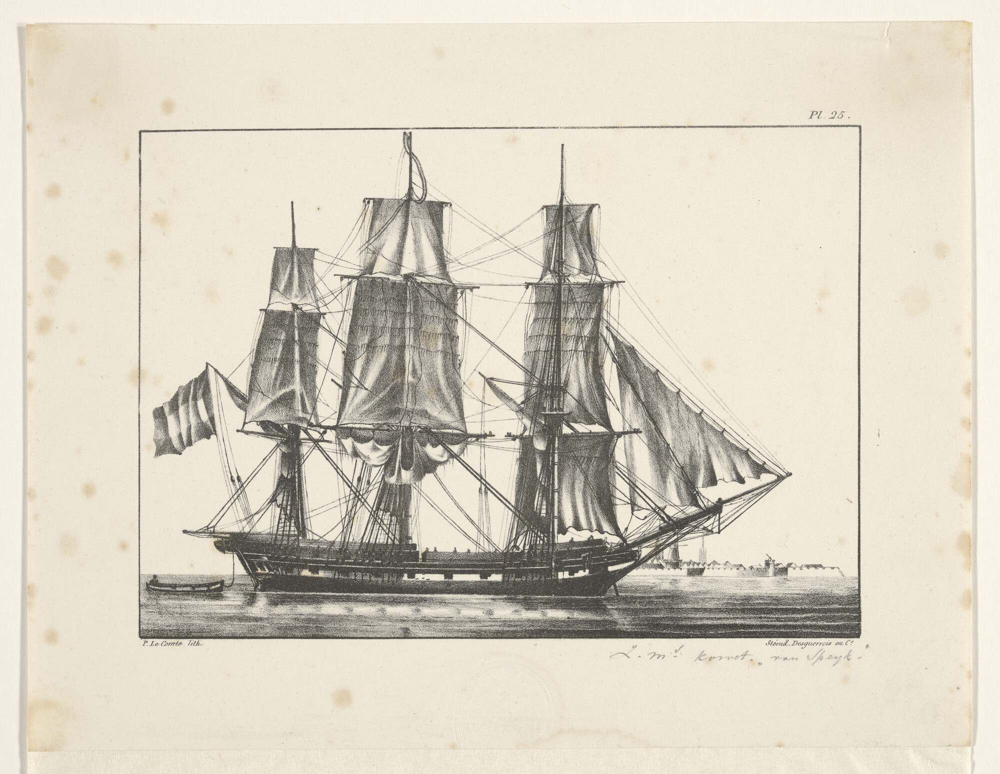 A.0149(0654); Een op kalm water liggend korvet; prent