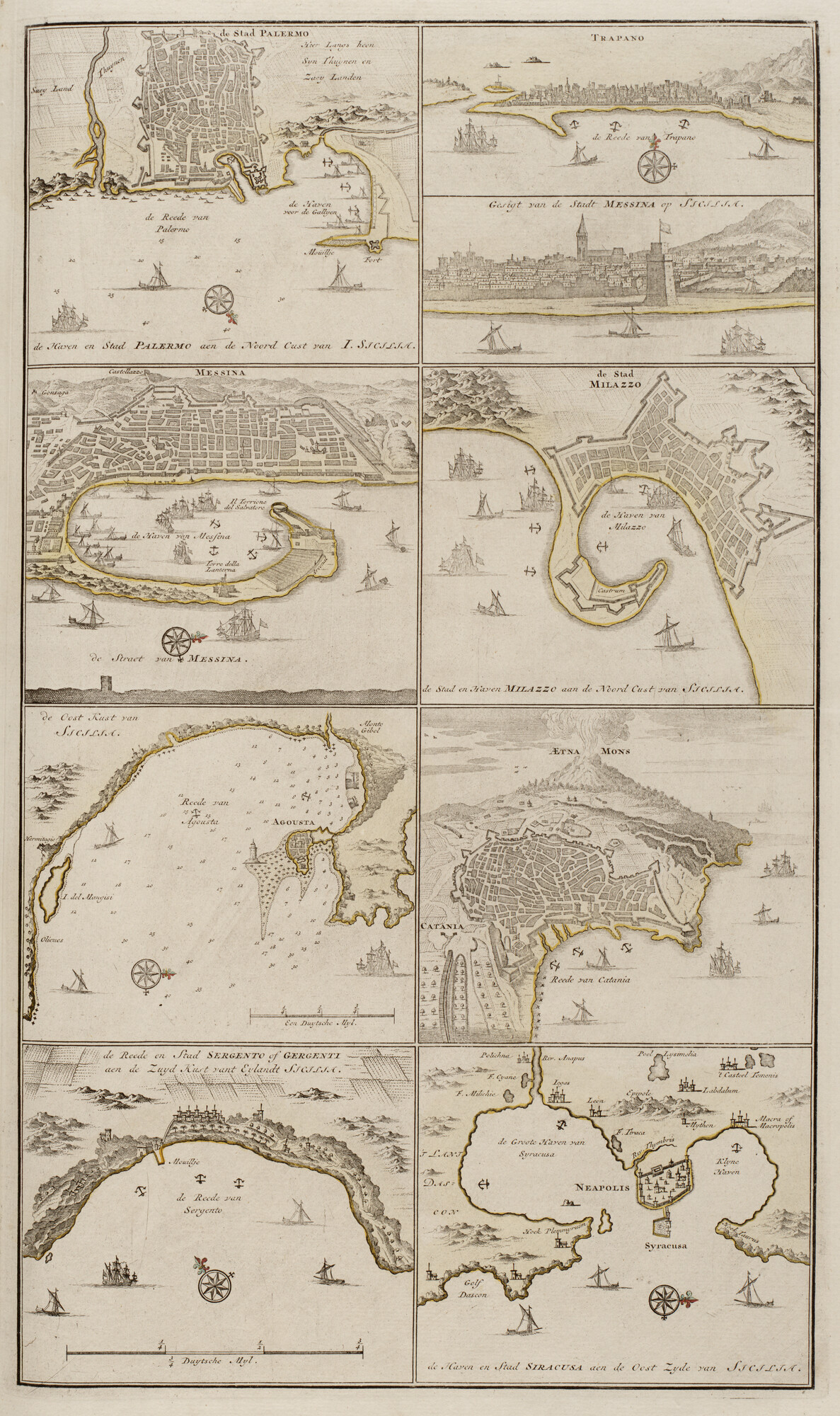 B.0032(109)2 [kaart 133]; Blad met 9 kaartjes van havens en aanzichten van havens van het eiland Sicilië; kaart